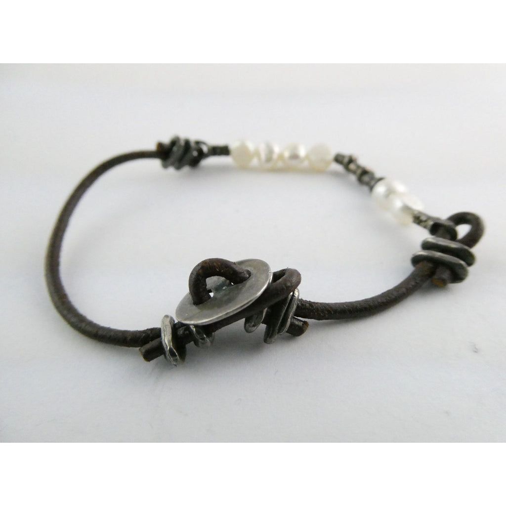 Silpada Sterling Silver Button and Leather Cord Pearl Accent Bracelet 6.5 Inches