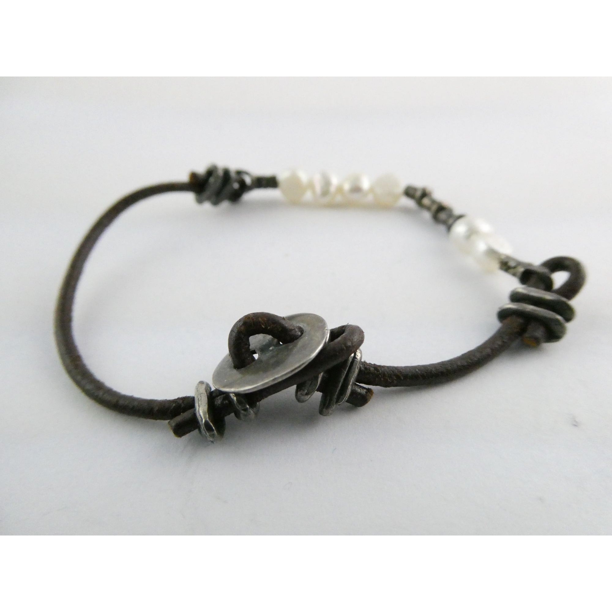 Silpada Sterling Silver Button and Leather Cord Pearl Accent Bracelet 6.5 Inches