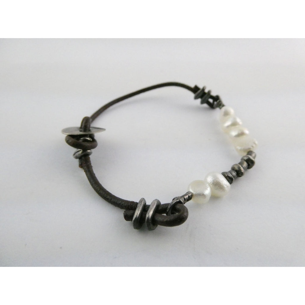 Silpada Sterling Silver Button and Leather Cord Pearl Accent Bracelet 6.5 Inches