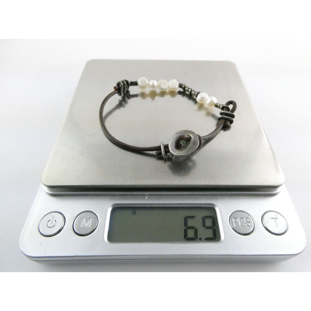 Silpada Sterling Silver Button and Leather Cord Pearl Accent Bracelet 6.5 Inches