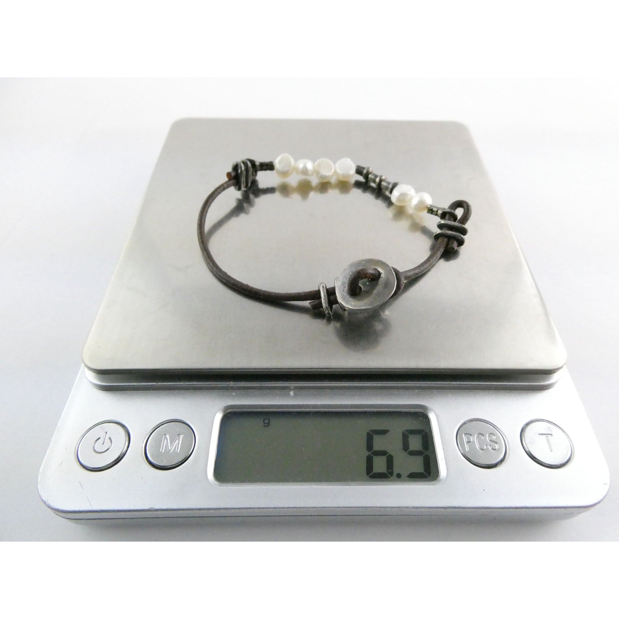 Silpada Sterling Silver Button and Leather Cord Pearl Accent Bracelet 6.5 Inches