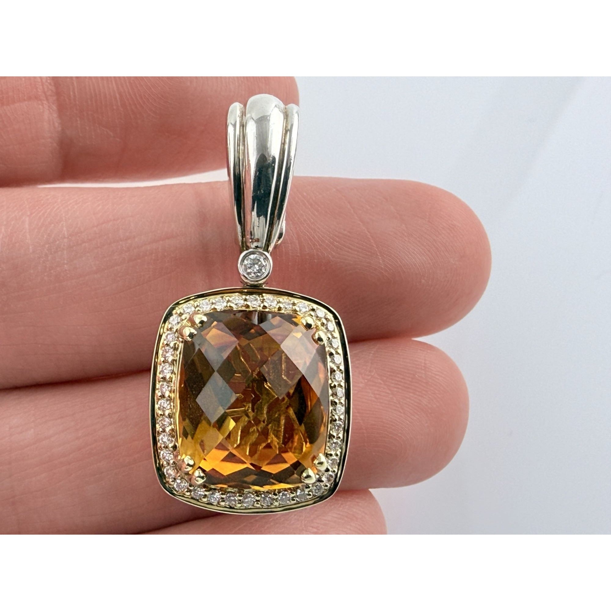 Charles Krypell Sterling Silver and 14k Gold Citrine and Natural Diamond Pendant