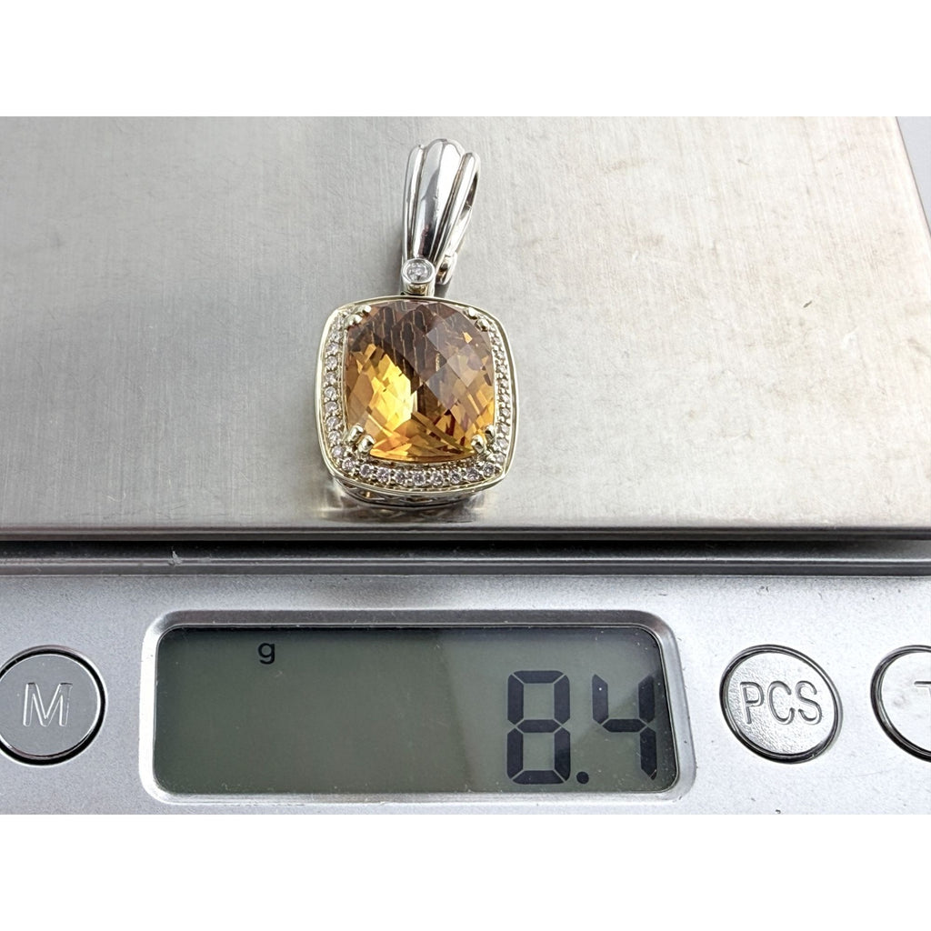 Charles Krypell Sterling Silver and 14k Gold Citrine and Natural Diamond Pendant