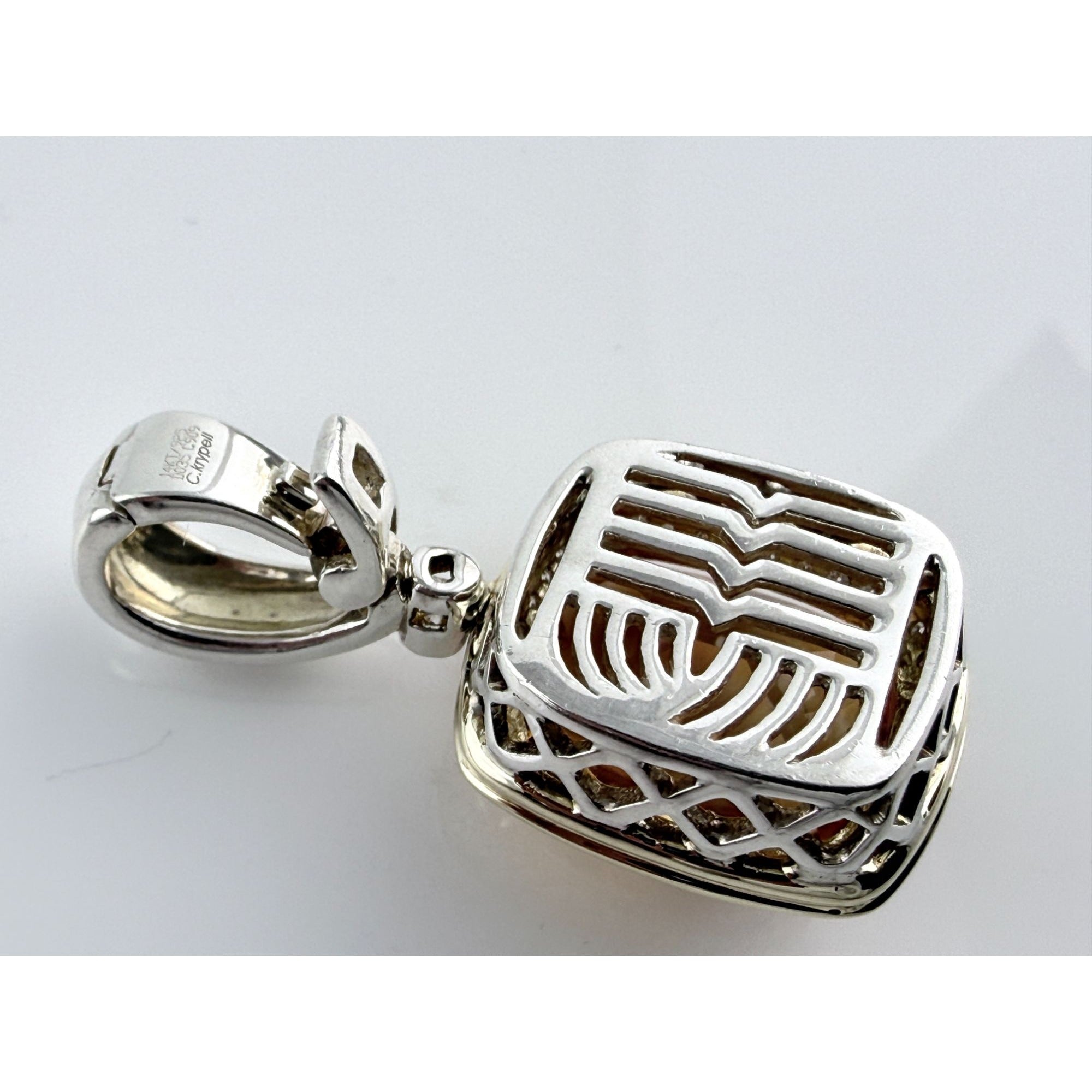 Charles Krypell Sterling Silver and 14k Gold Citrine and Natural Diamond Pendant