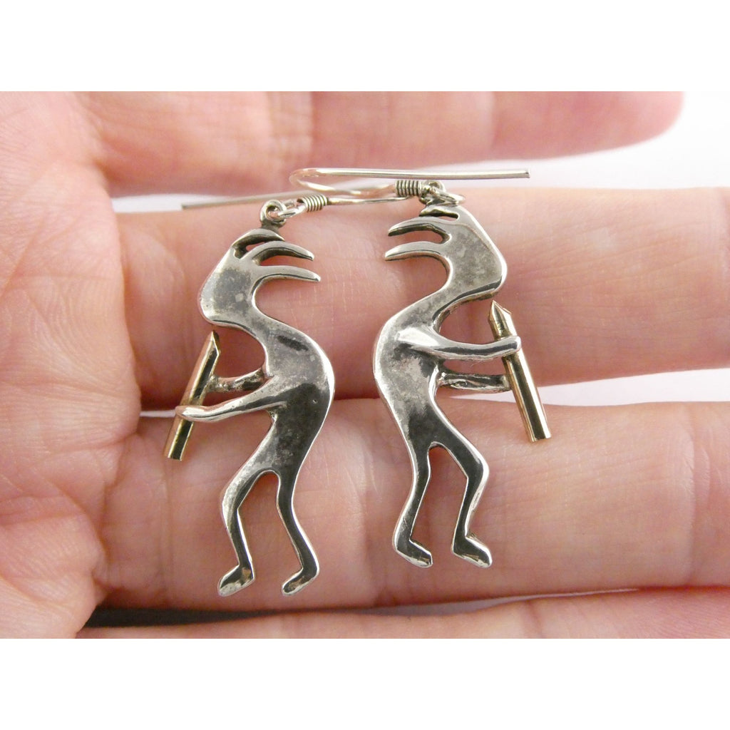Southwestern Sterling Silver Kokopelli Earrings Golden Accent Flutes 6g 1.75 In