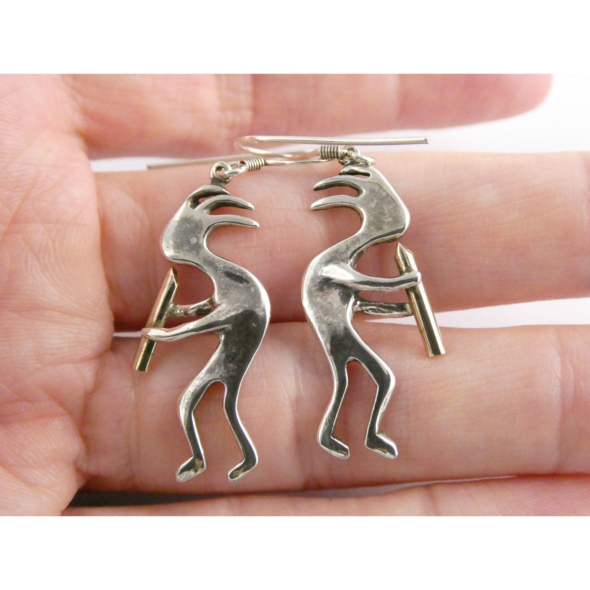 Southwestern Sterling Silver Kokopelli Earrings Golden Accent Flutes 6g 1.75 In