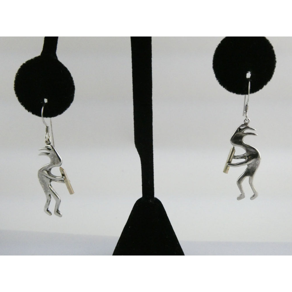 Southwestern Sterling Silver Kokopelli Earrings Golden Accent Flutes 6g 1.75 In
