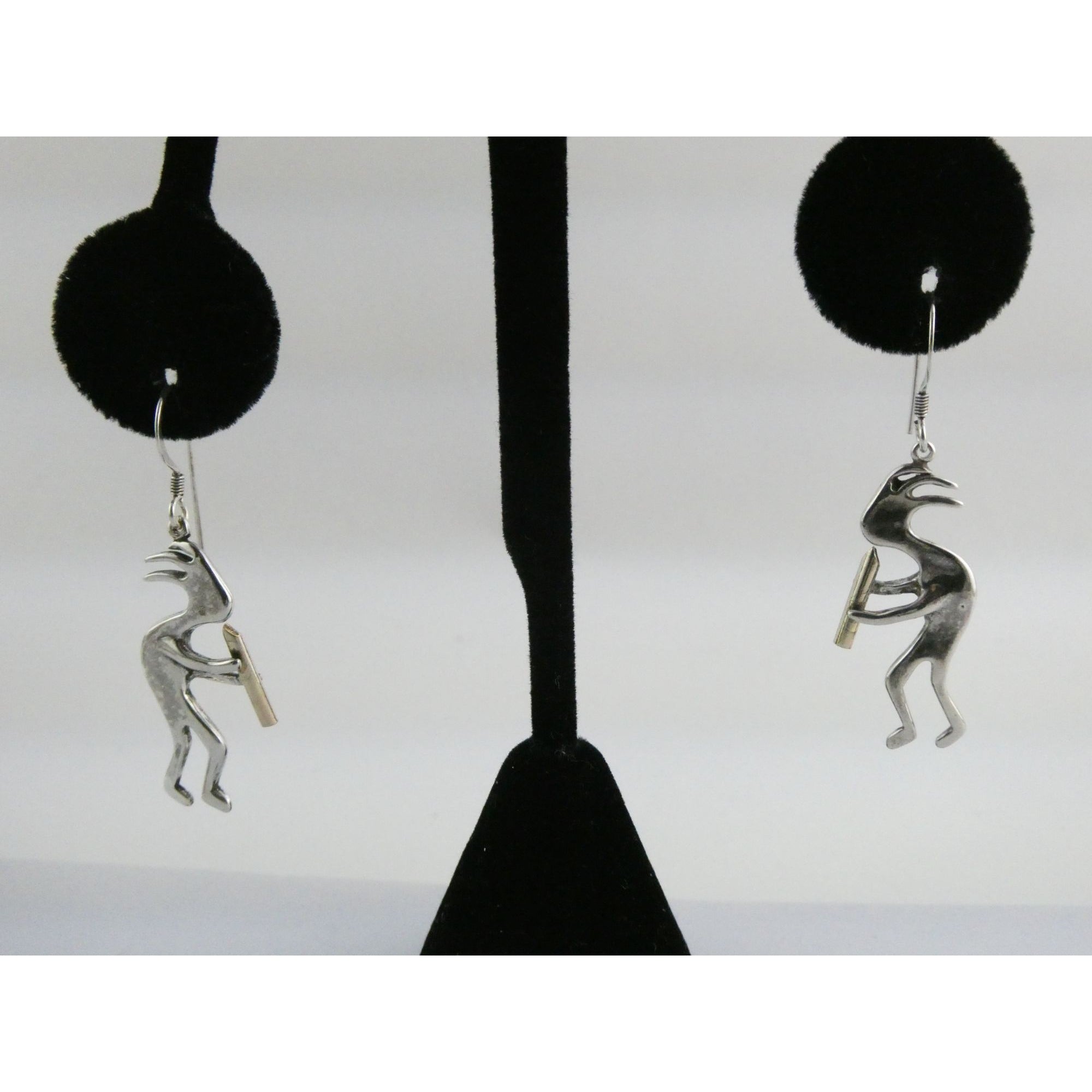 Southwestern Sterling Silver Kokopelli Earrings Golden Accent Flutes 6g 1.75 In