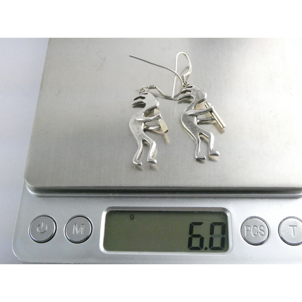 Southwestern Sterling Silver Kokopelli Earrings Golden Accent Flutes 6g 1.75 In