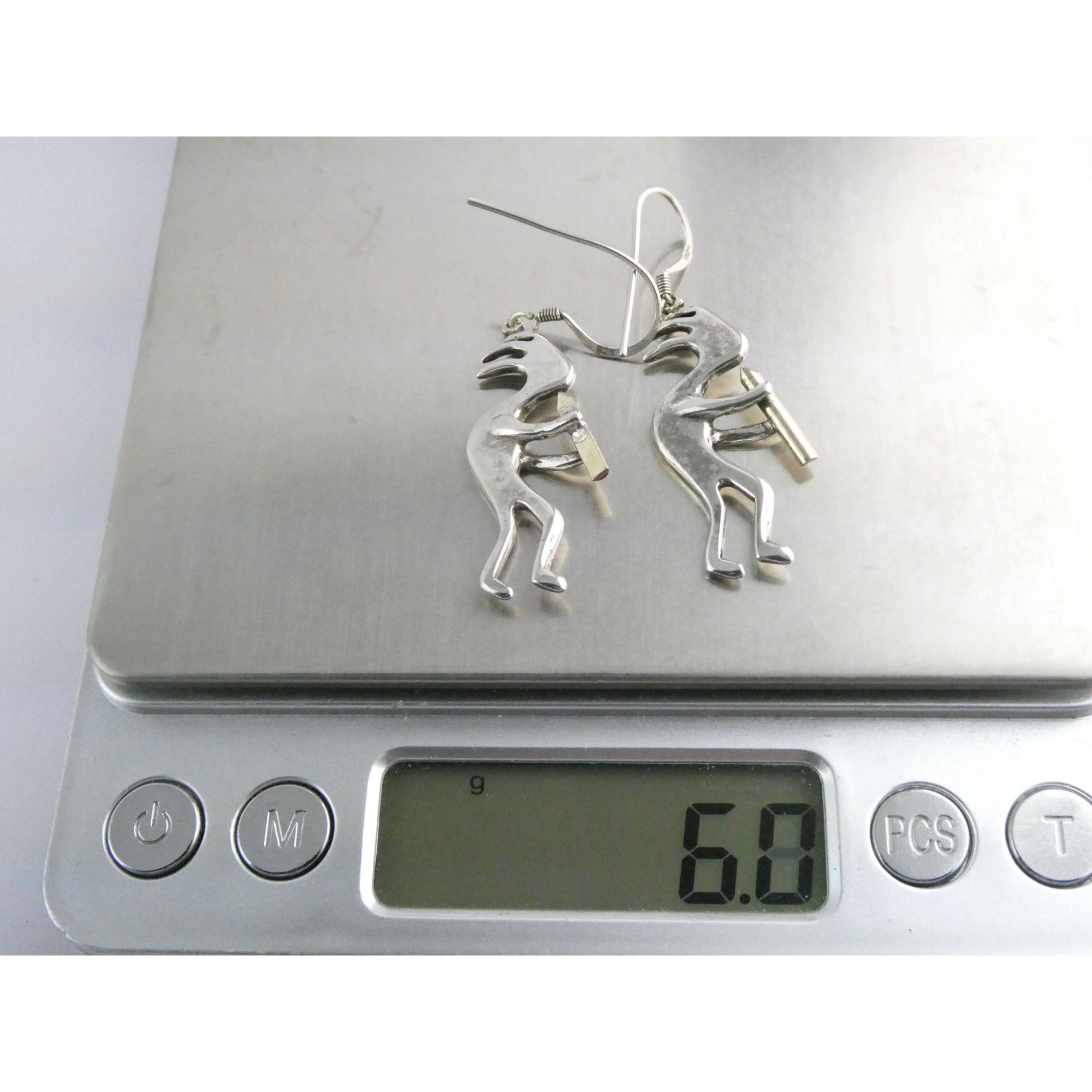 Southwestern Sterling Silver Kokopelli Earrings Golden Accent Flutes 6g 1.75 In