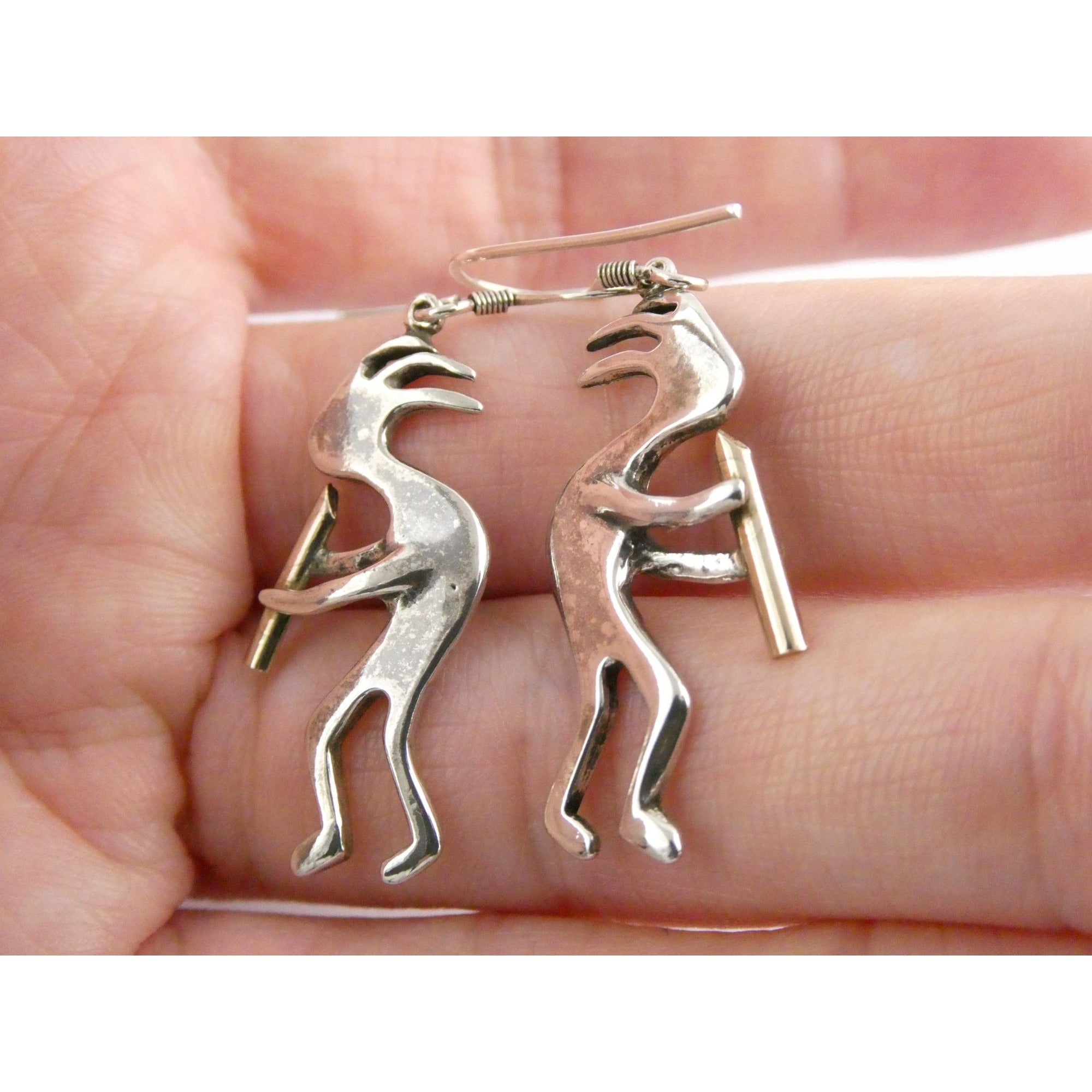 Southwestern Sterling Silver Kokopelli Earrings Golden Accent Flutes 6g 1.75 In