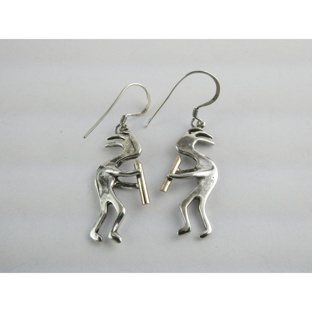 Southwestern Sterling Silver Kokopelli Earrings Golden Accent Flutes 6g 1.75 In
