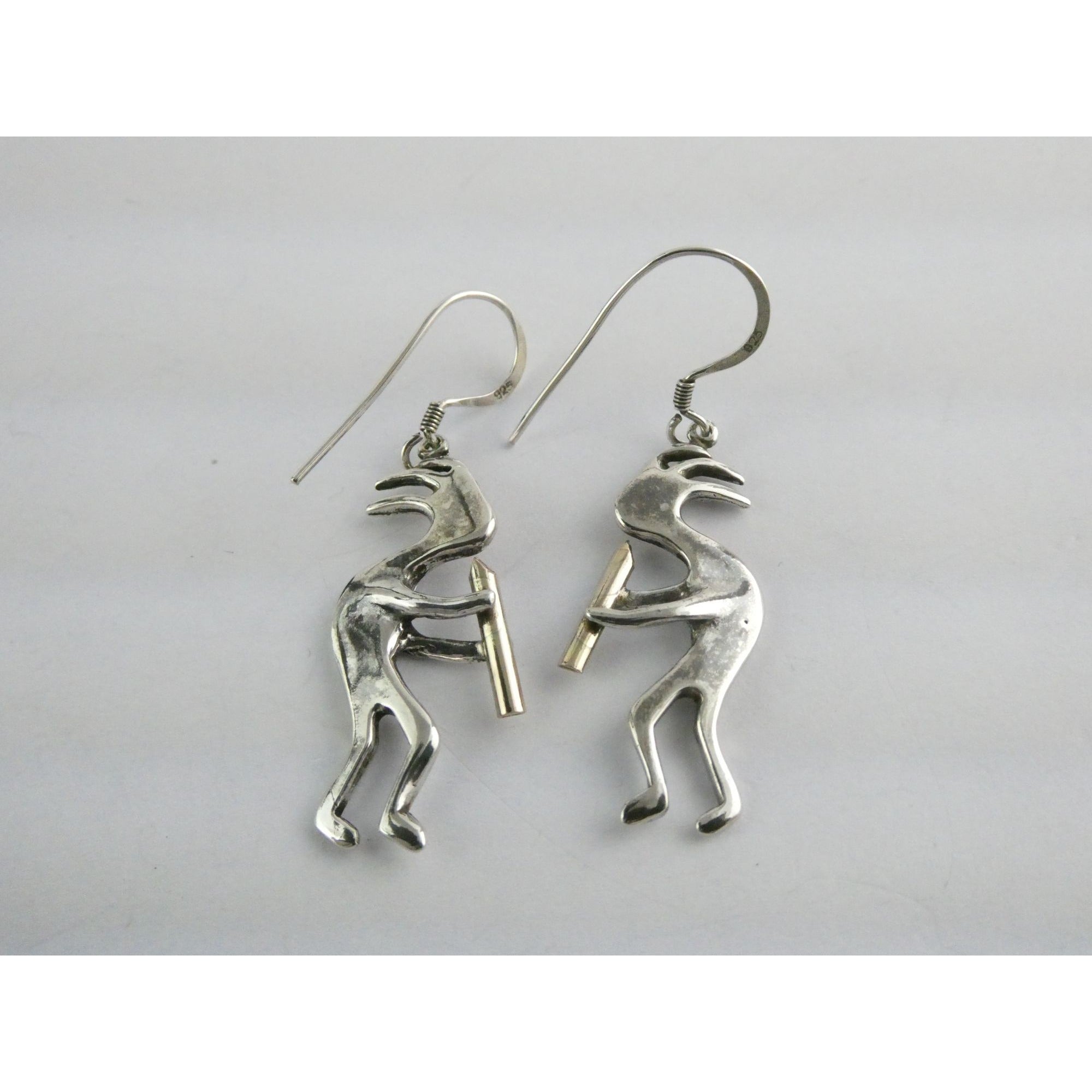 Southwestern Sterling Silver Kokopelli Earrings Golden Accent Flutes 6g 1.75 In