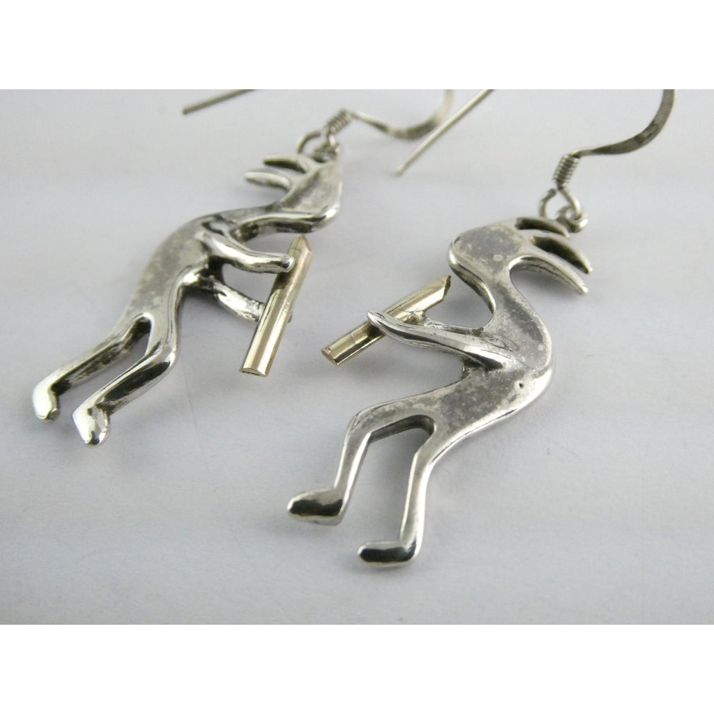 Southwestern Sterling Silver Kokopelli Earrings Golden Accent Flutes 6g 1.75 In