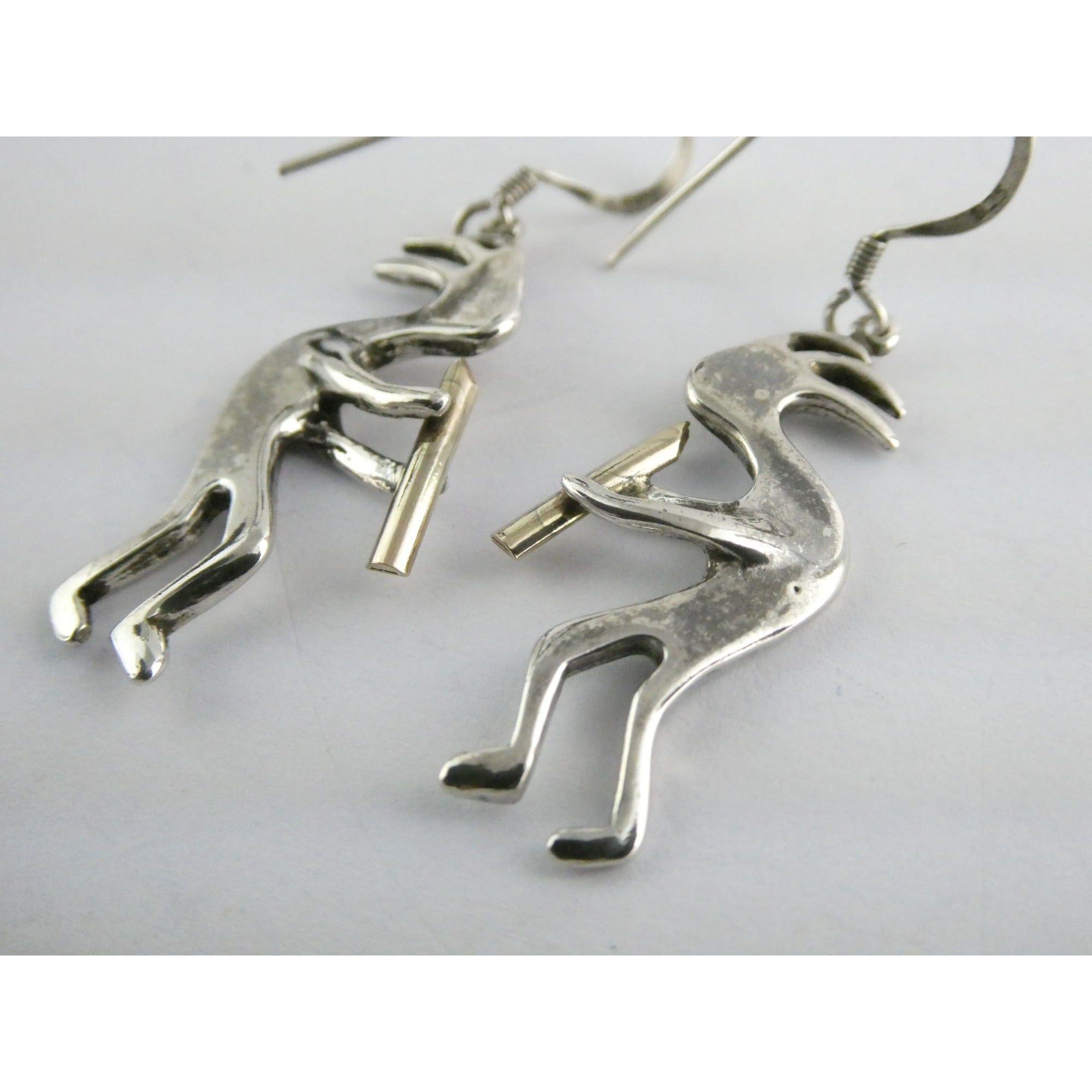 Southwestern Sterling Silver Kokopelli Earrings Golden Accent Flutes 6g 1.75 In