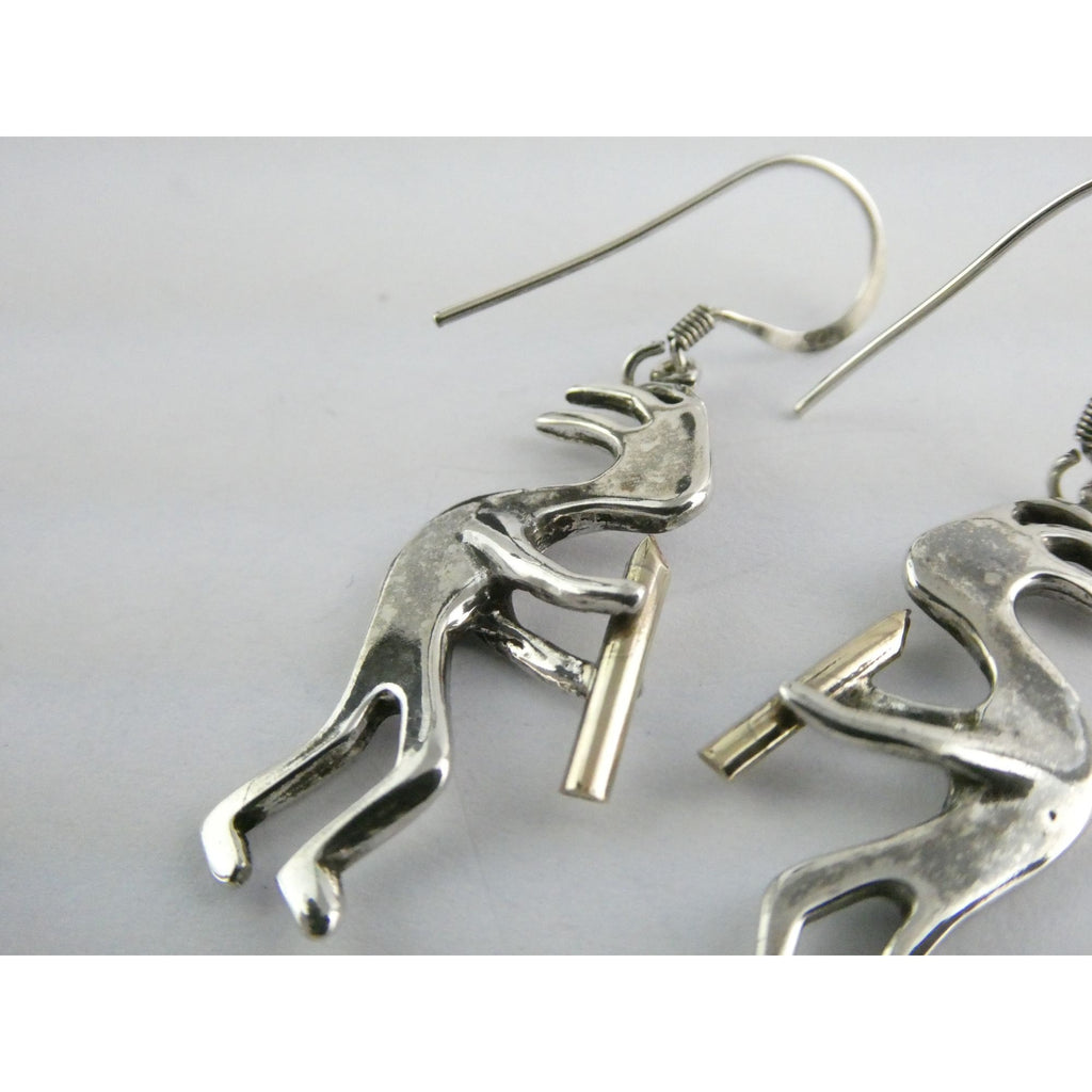 Southwestern Sterling Silver Kokopelli Earrings Golden Accent Flutes 6g 1.75 In