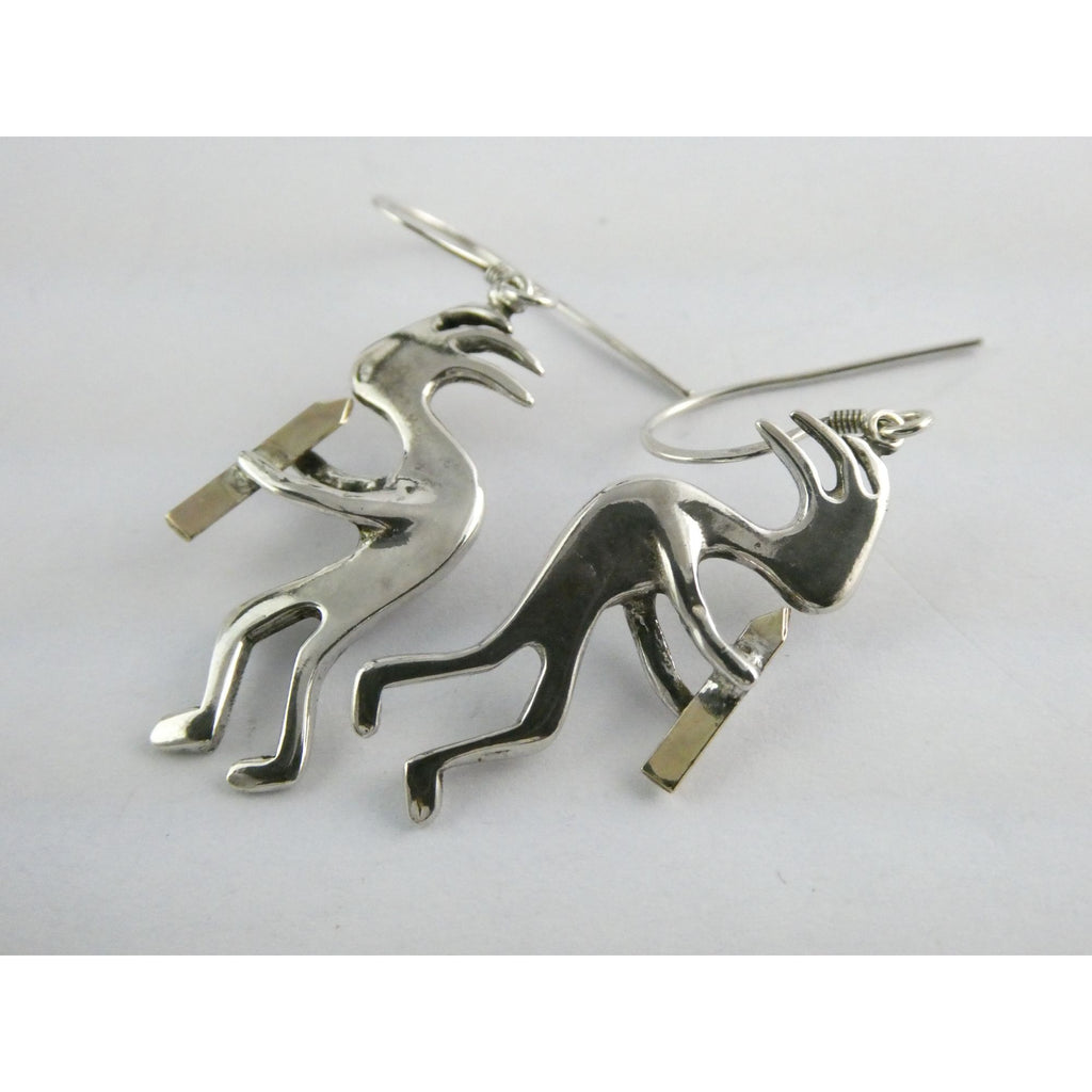 Southwestern Sterling Silver Kokopelli Earrings Golden Accent Flutes 6g 1.75 In