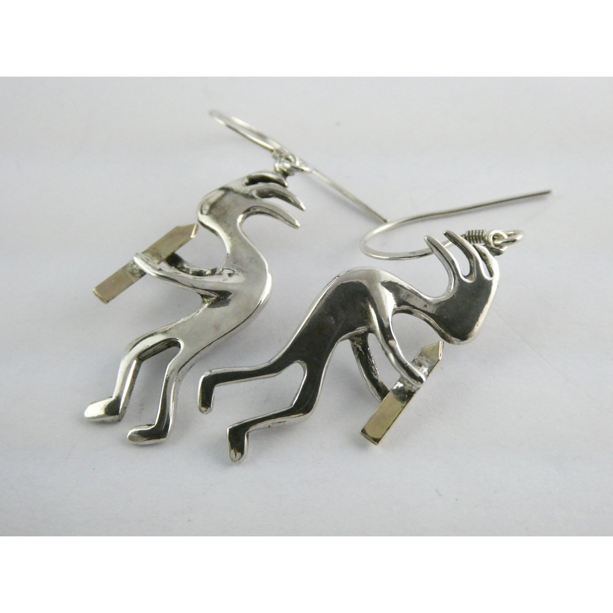 Southwestern Sterling Silver Kokopelli Earrings Golden Accent Flutes 6g 1.75 In