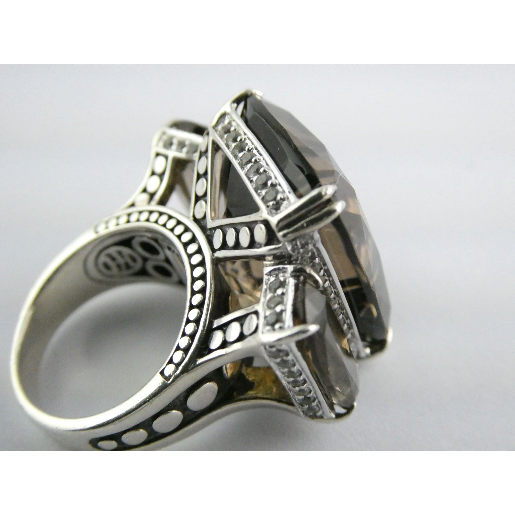 John Hardy Sterling Silver Triple Smoky Quartz White Topaz Statement Ring Sz5.75