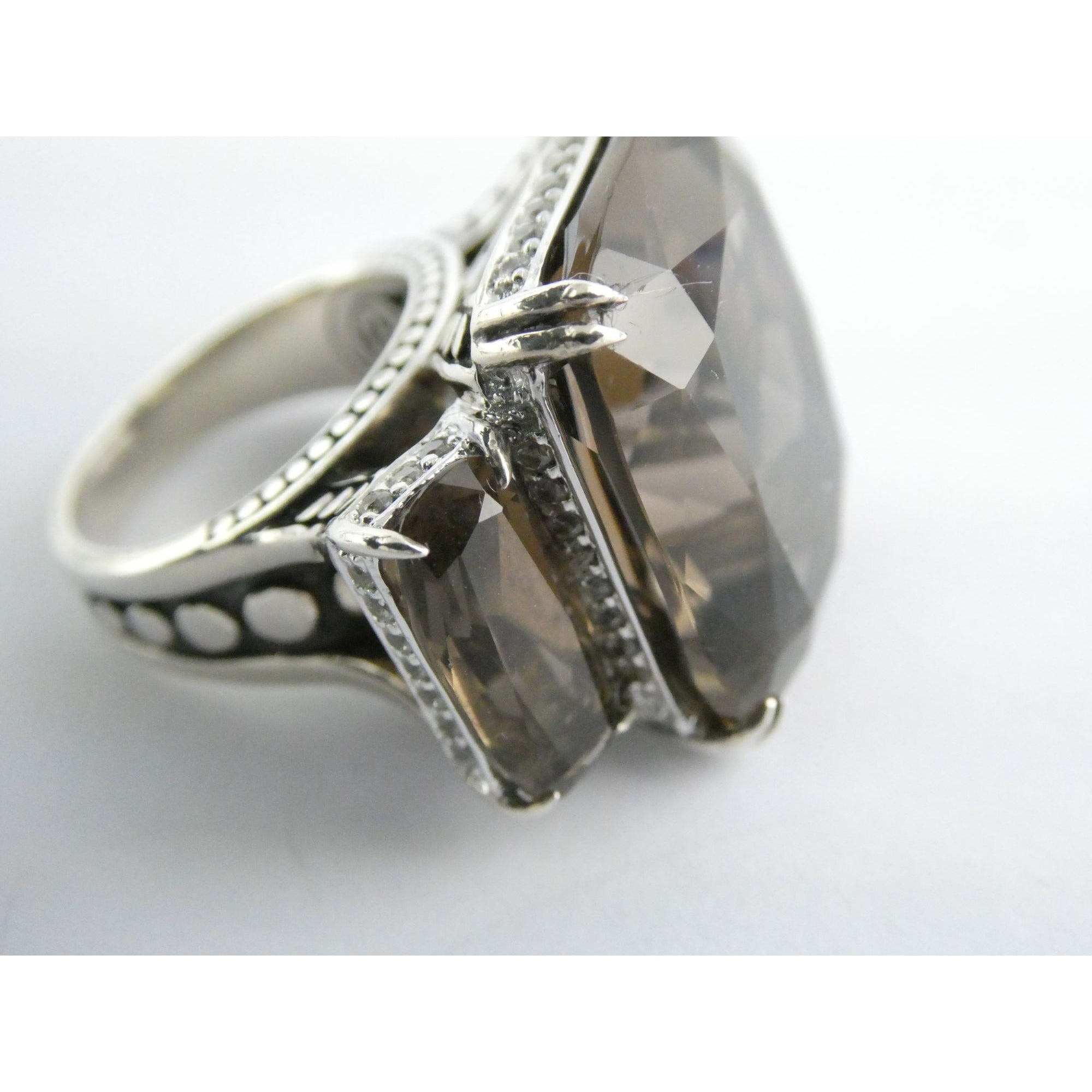 John Hardy Sterling Silver Triple Smoky Quartz White Topaz Statement Ring Sz5.75