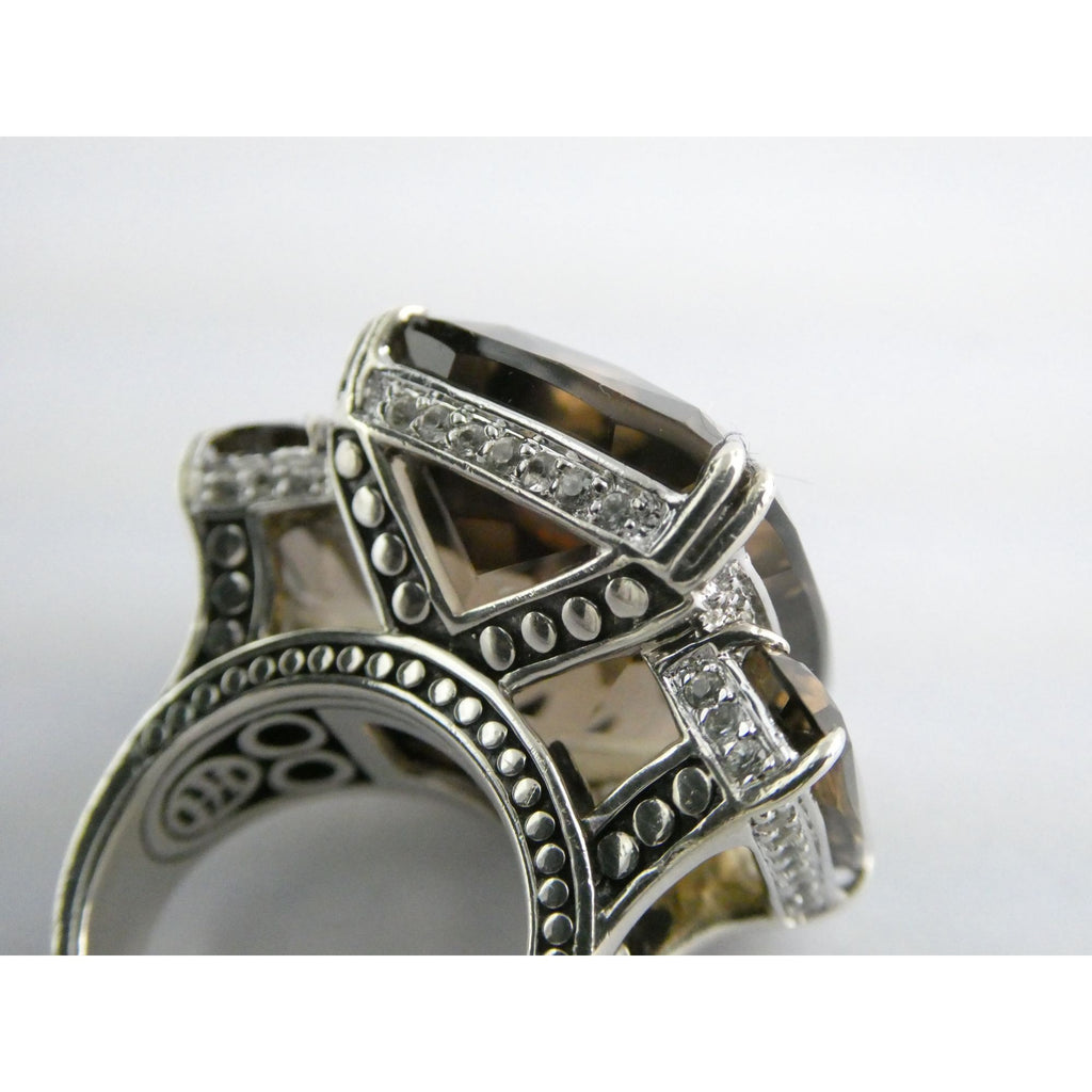John Hardy Sterling Silver Triple Smoky Quartz White Topaz Statement Ring Sz5.75