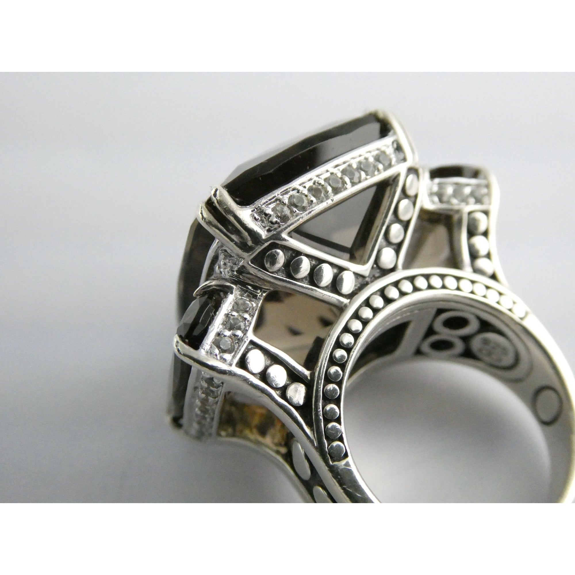 John Hardy Sterling Silver Triple Smoky Quartz White Topaz Statement Ring Sz5.75