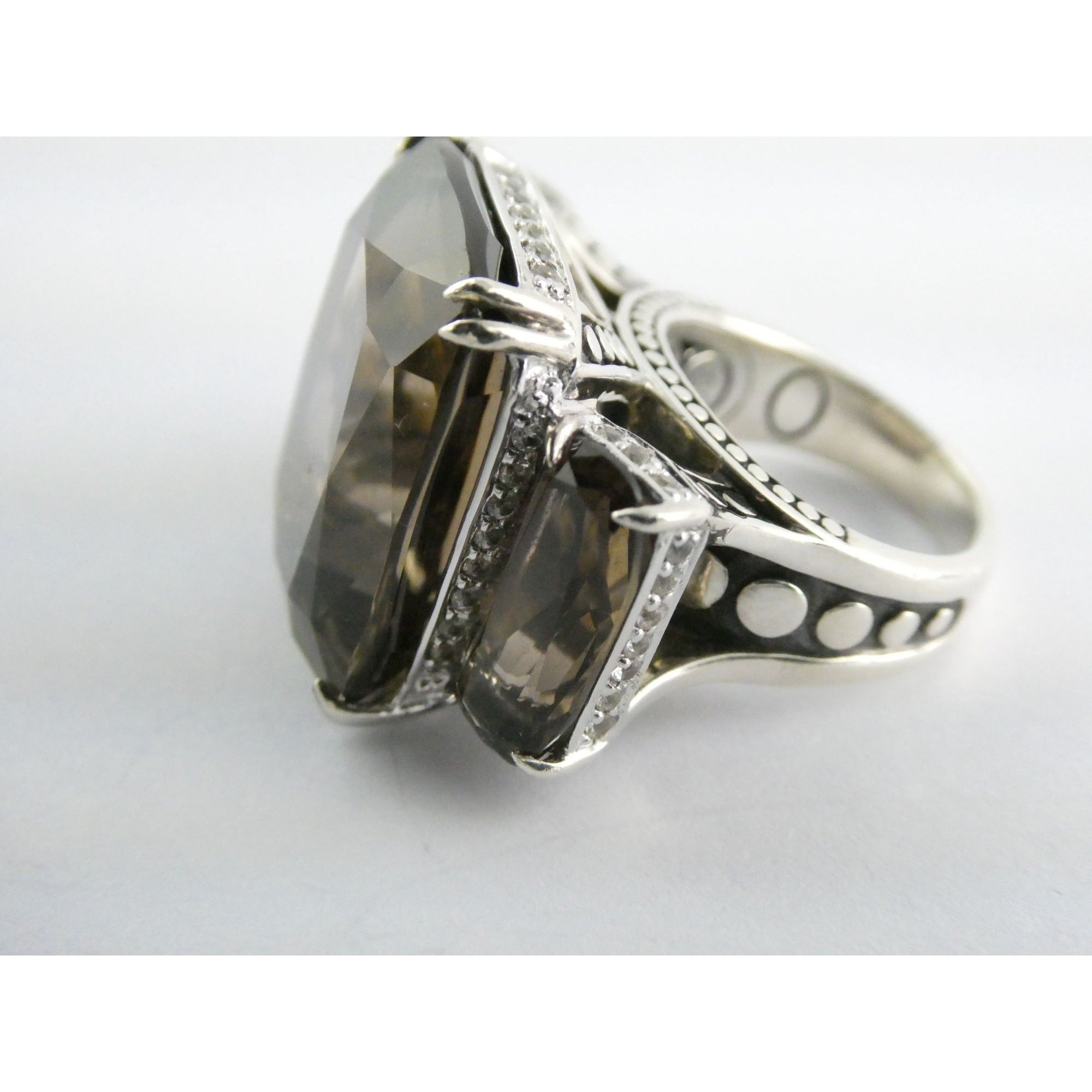 John Hardy Sterling Silver Triple Smoky Quartz White Topaz Statement Ring Sz5.75
