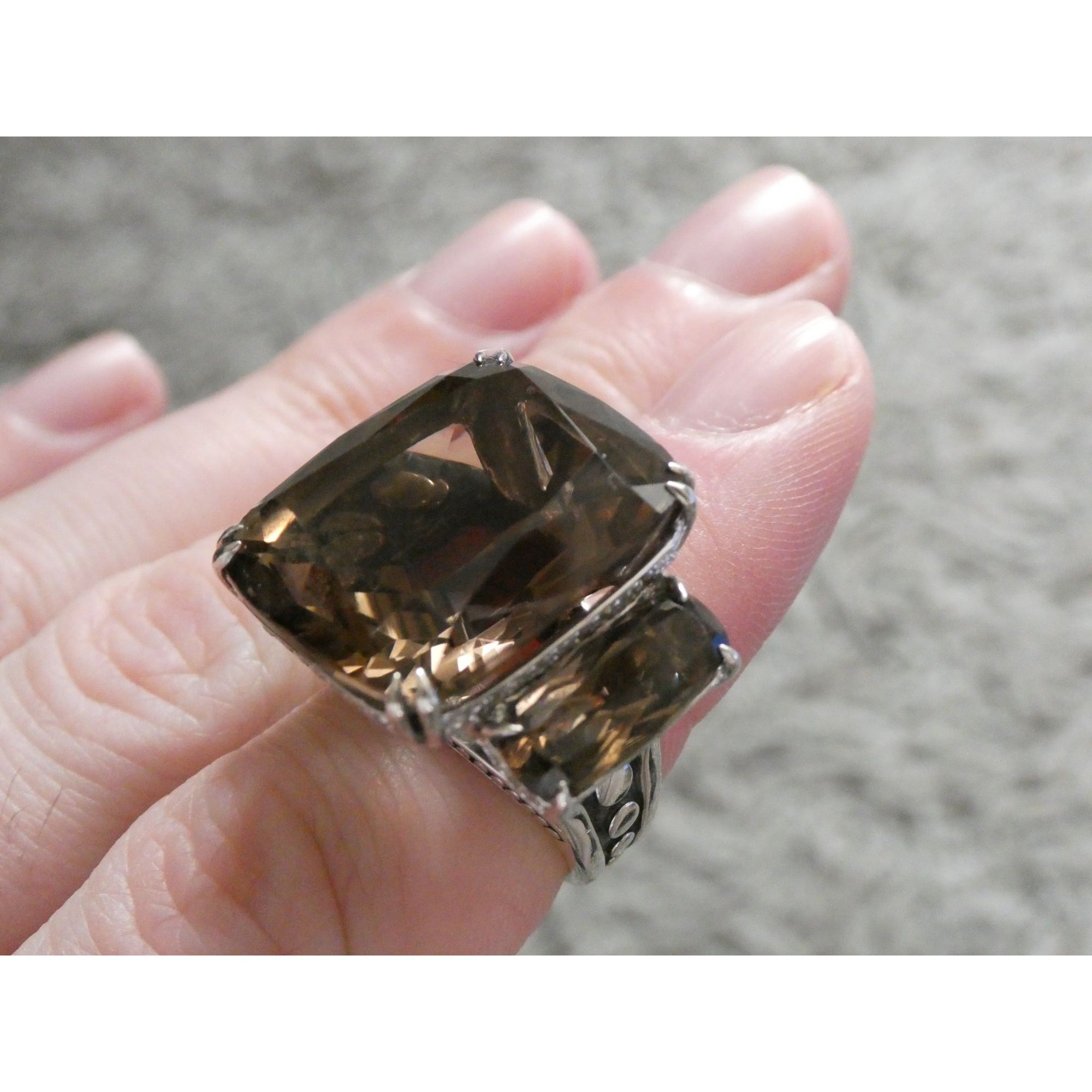 John Hardy Sterling Silver Triple Smoky Quartz White Topaz Statement Ring Sz5.75