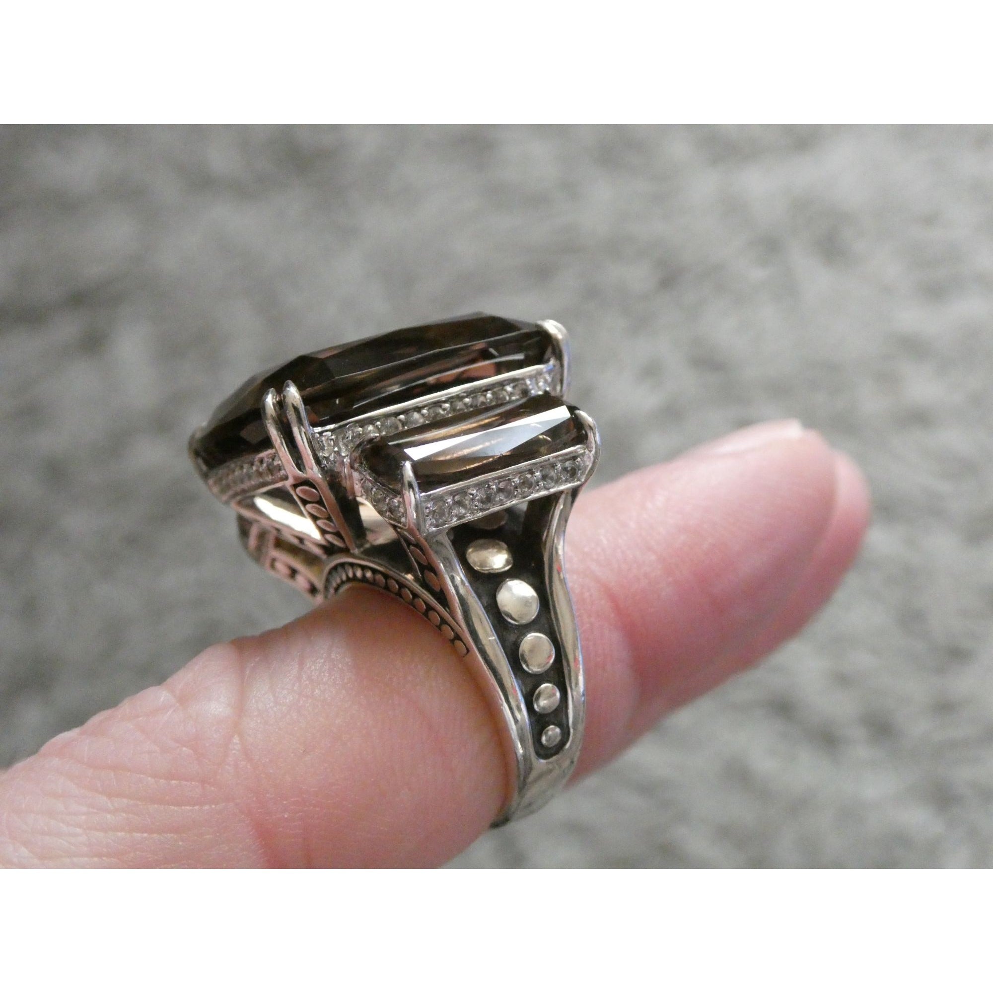 John Hardy Sterling Silver Triple Smoky Quartz White Topaz Statement Ring Sz5.75