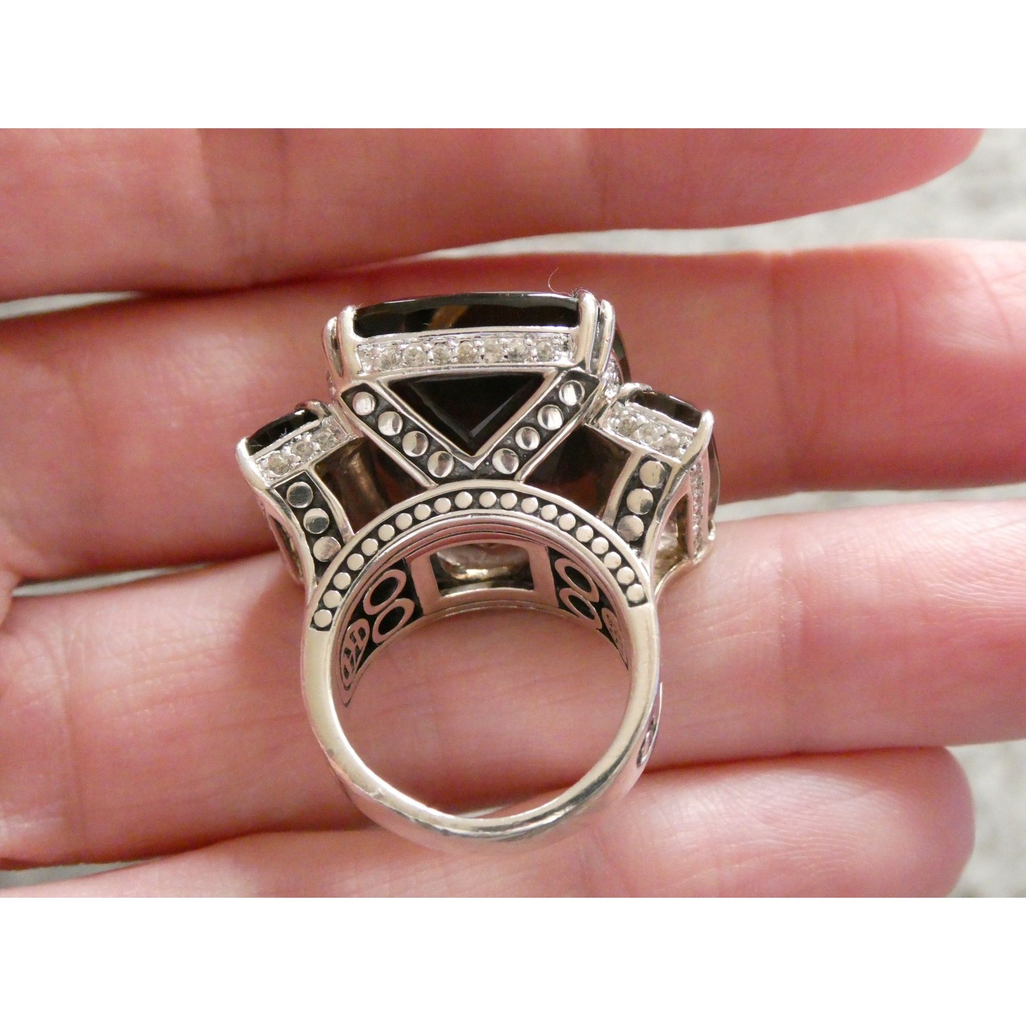 John Hardy Sterling Silver Triple Smoky Quartz White Topaz Statement Ring Sz5.75
