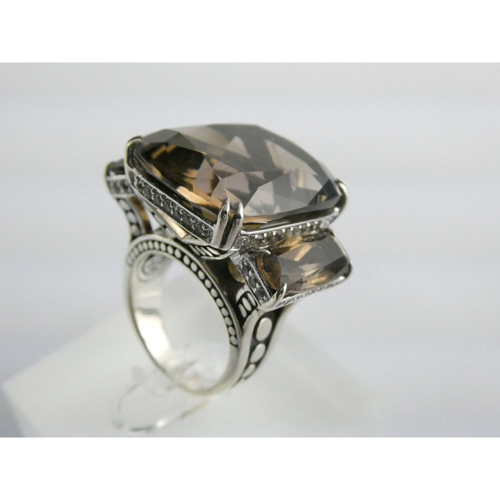John Hardy Sterling Silver Triple Smoky Quartz White Topaz Statement Ring Sz5.75
