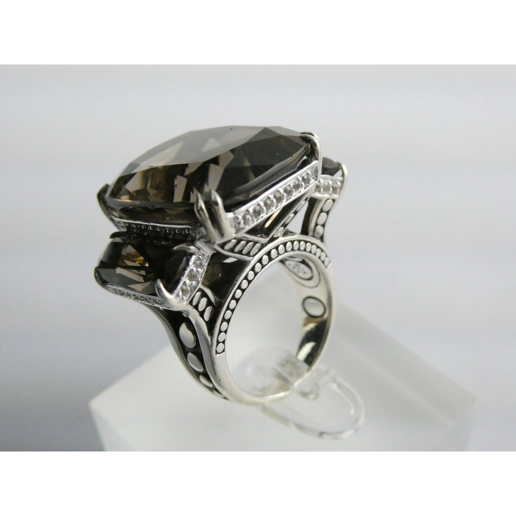 John Hardy Sterling Silver Triple Smoky Quartz White Topaz Statement Ring Sz5.75
