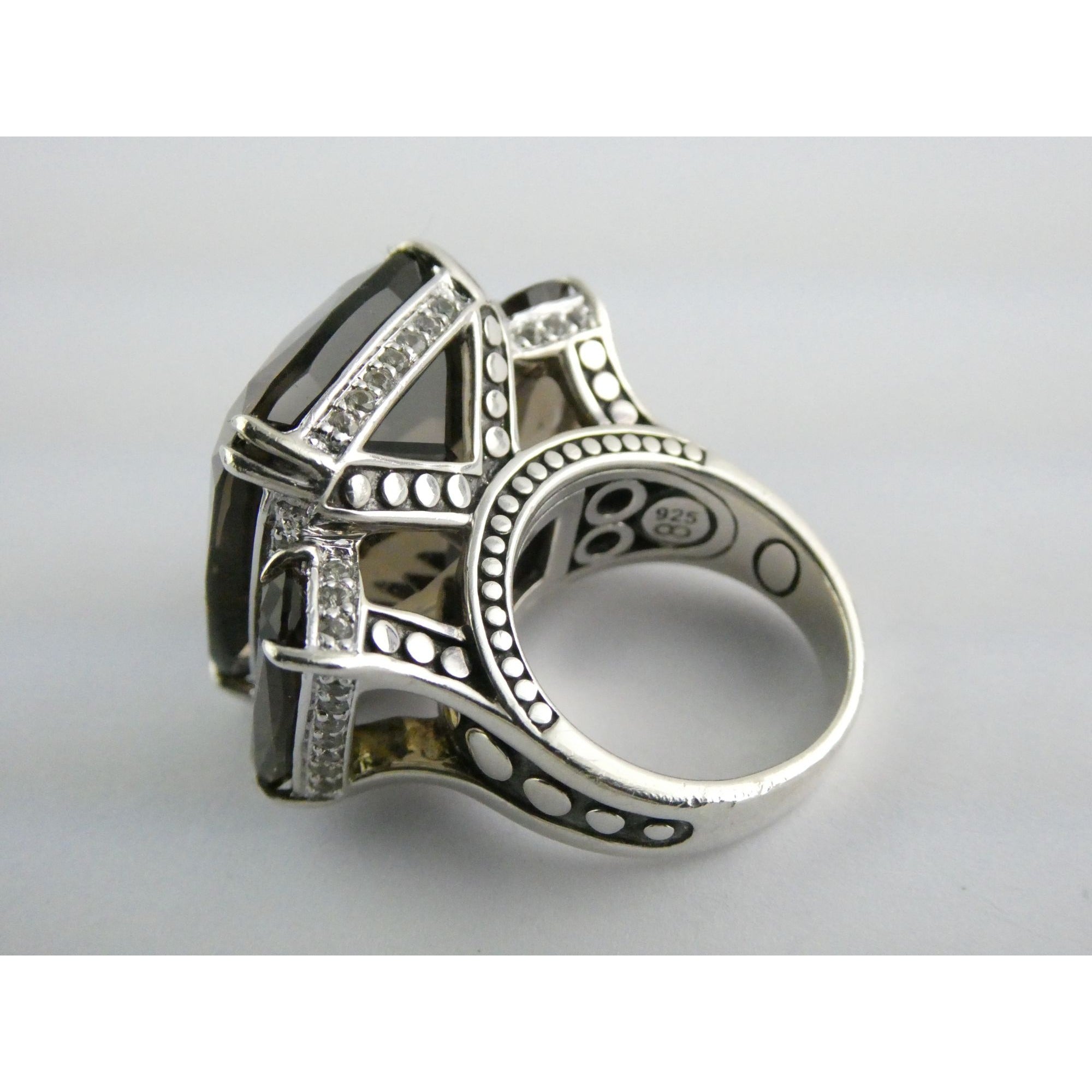 John Hardy Sterling Silver Triple Smoky Quartz White Topaz Statement Ring Sz5.75