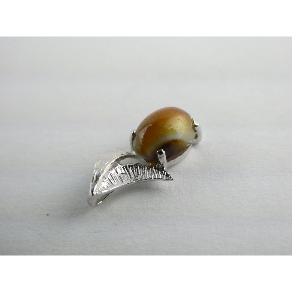 Vintage Sterling Silver Brown Art Glass Cabochon Miniature Pendant .9g 15mm