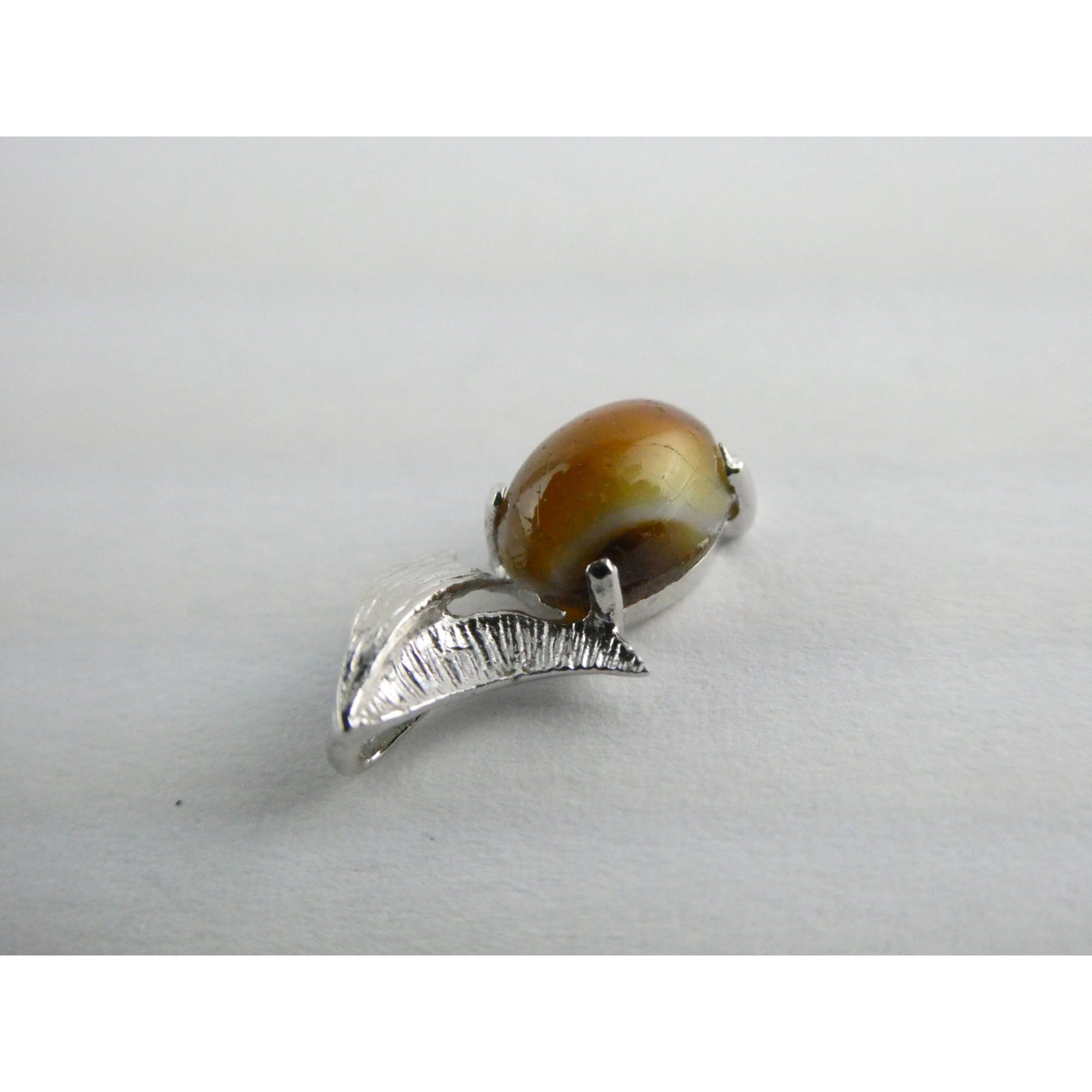 Vintage Sterling Silver Brown Art Glass Cabochon Miniature Pendant .9g 15mm