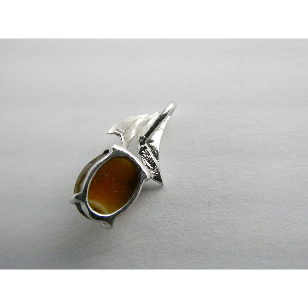 Vintage Sterling Silver Brown Art Glass Cabochon Miniature Pendant .9g 15mm