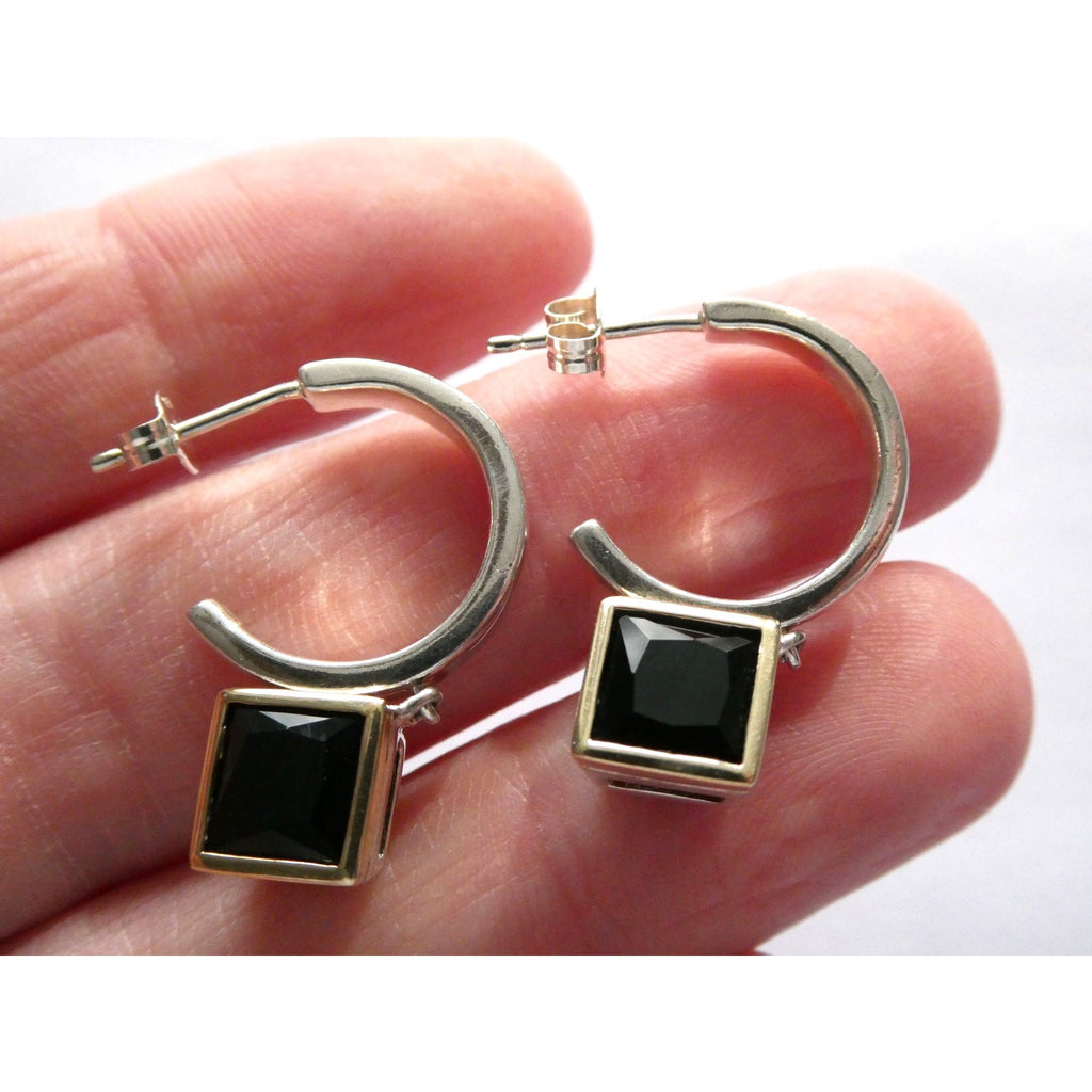 Lorenzo 18k Gold and Sterling Silver Black Tourmaline Dangling Pierced Earrings