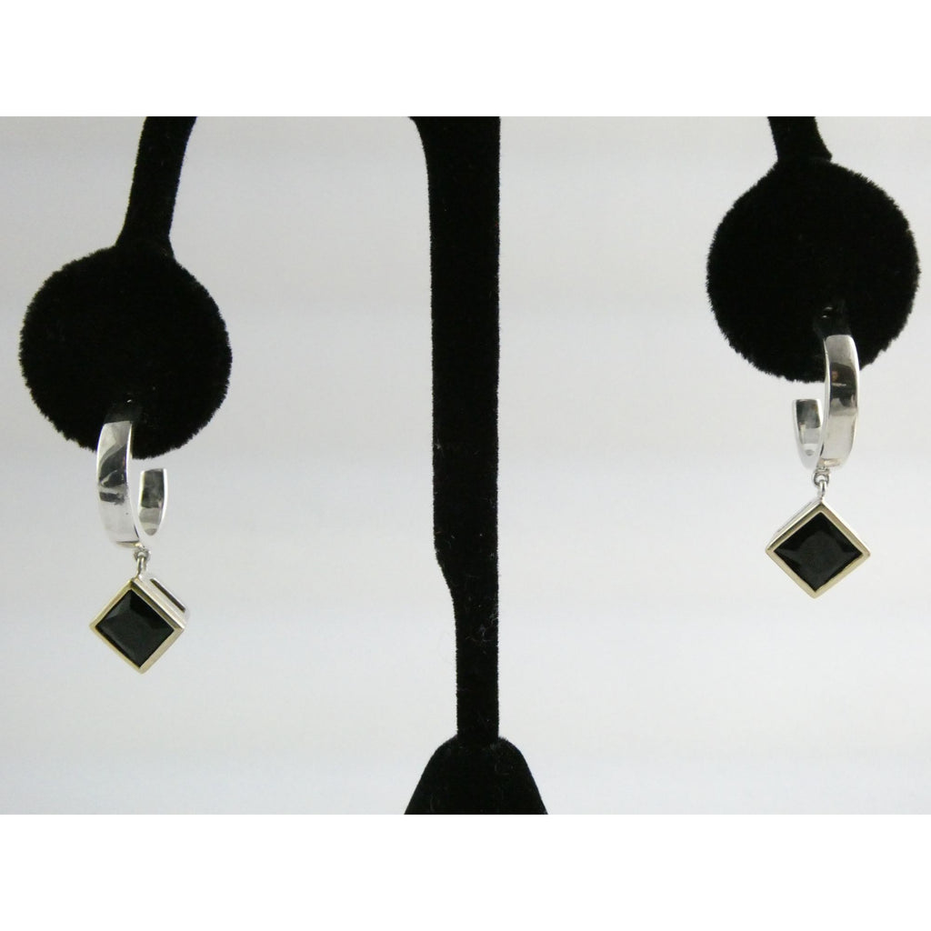 Lorenzo 18k Gold and Sterling Silver Black Tourmaline Dangling Pierced Earrings