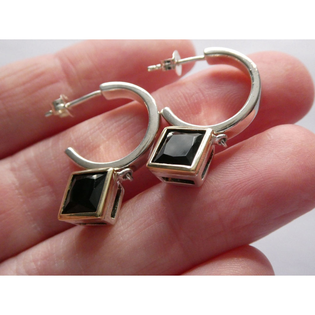 Lorenzo 18k Gold and Sterling Silver Black Tourmaline Dangling Pierced Earrings