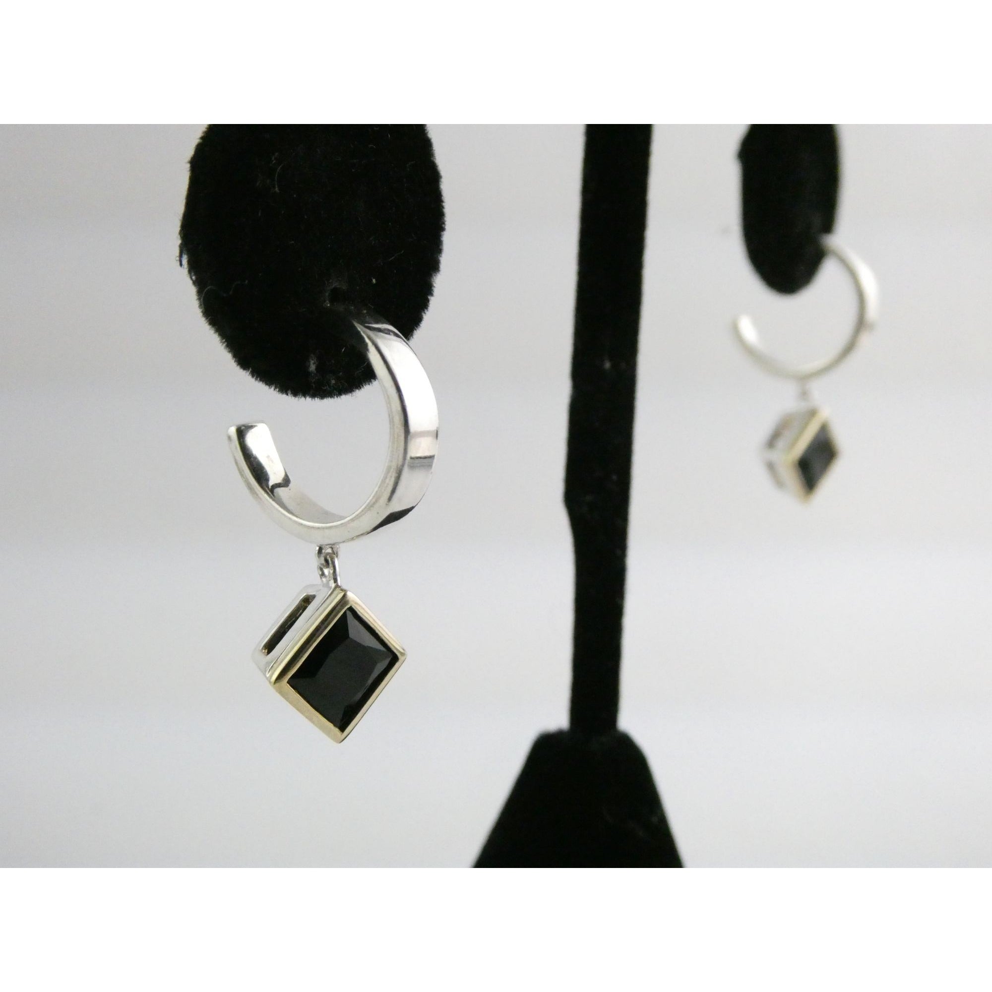 Lorenzo 18k Gold and Sterling Silver Black Tourmaline Dangling Pierced Earrings