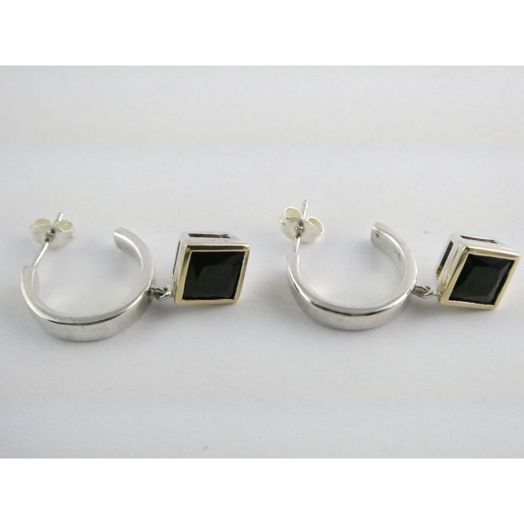Lorenzo 18k Gold and Sterling Silver Black Tourmaline Dangling Pierced Earrings