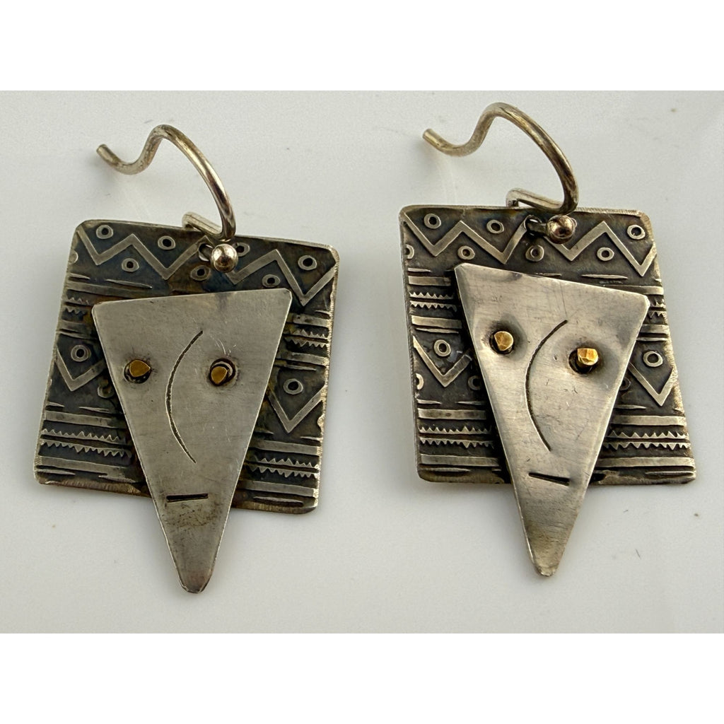 Vintage Handmade Abstract Sterling Silver and Brass Face Earrings 4.6g 1.25 Inch