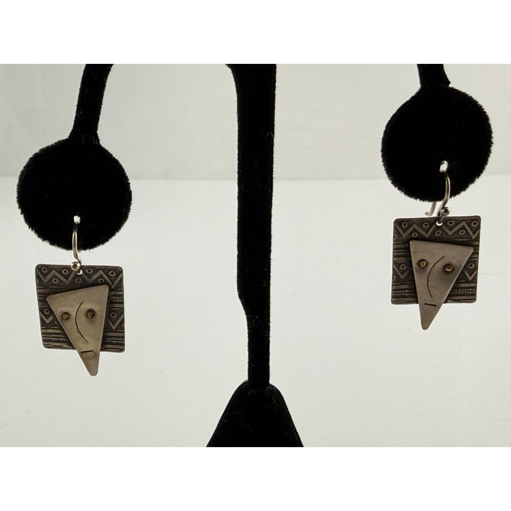 Vintage Handmade Abstract Sterling Silver and Brass Face Earrings 4.6g 1.25 Inch