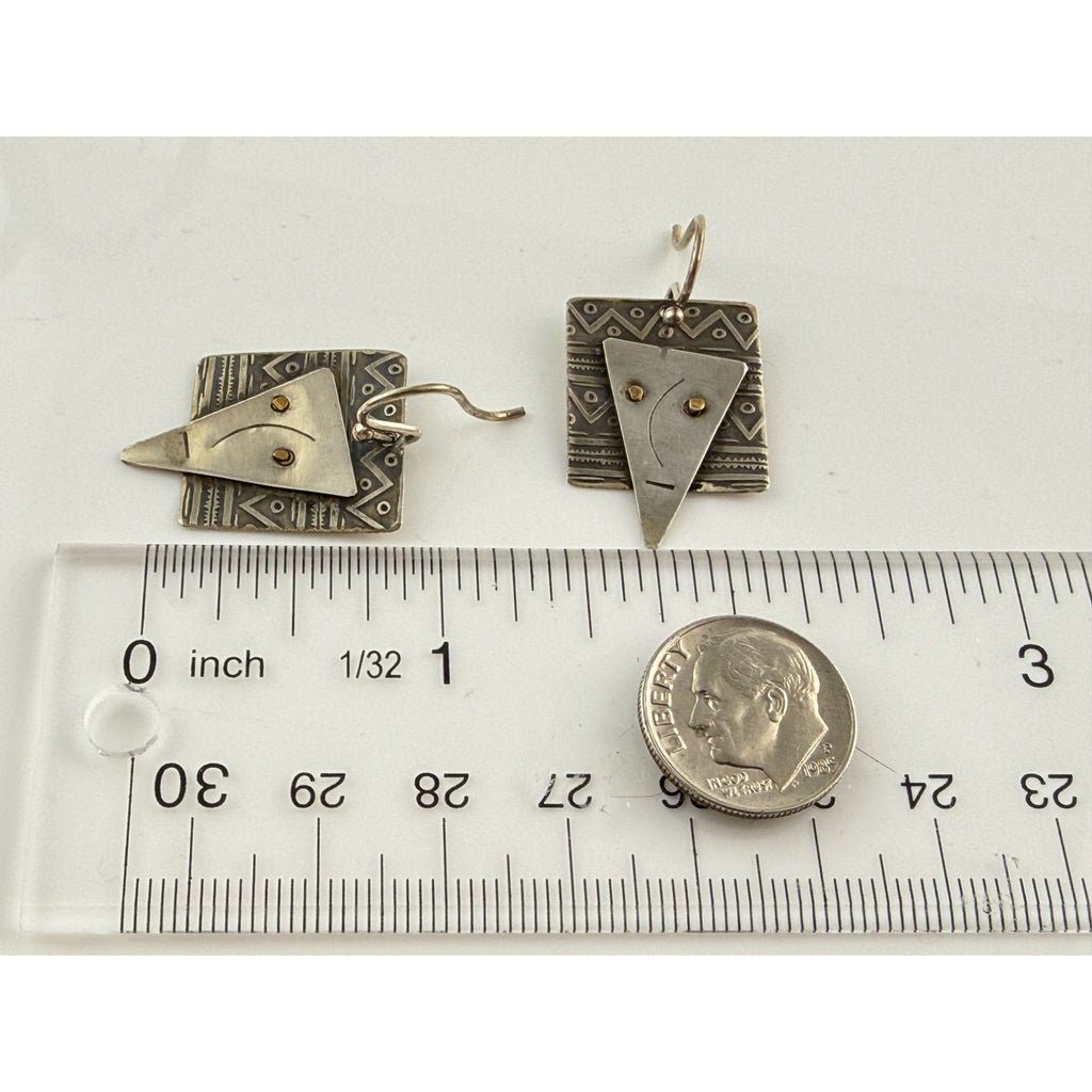 Vintage Handmade Abstract Sterling Silver and Brass Face Earrings 4.6g 1.25 Inch