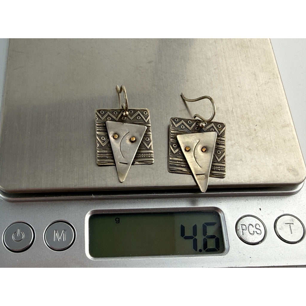 Vintage Handmade Abstract Sterling Silver and Brass Face Earrings 4.6g 1.25 Inch