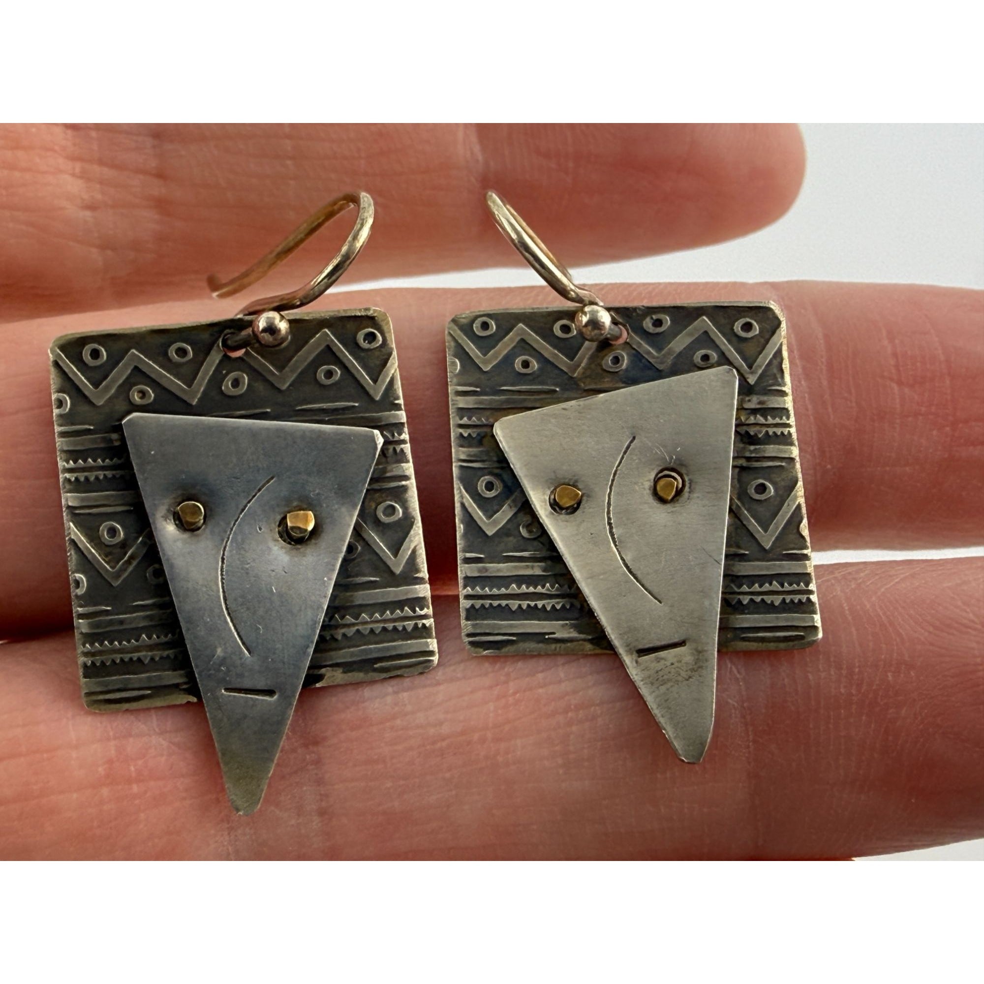 Vintage Handmade Abstract Sterling Silver and Brass Face Earrings 4.6g 1.25 Inch