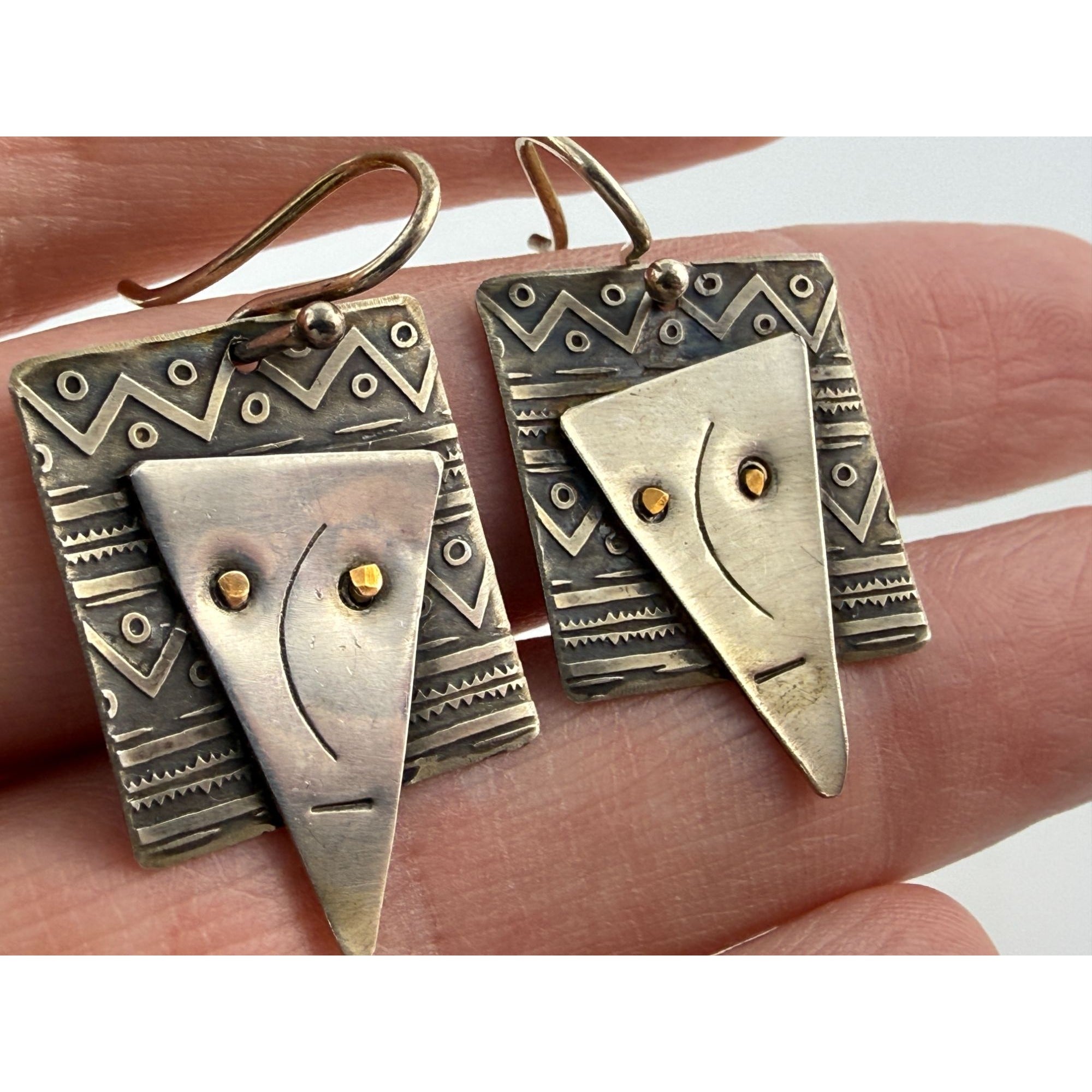 Vintage Handmade Abstract Sterling Silver and Brass Face Earrings 4.6g 1.25 Inch