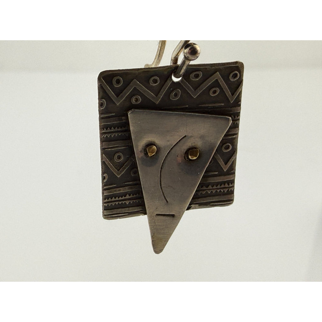 Vintage Handmade Abstract Sterling Silver and Brass Face Earrings 4.6g 1.25 Inch