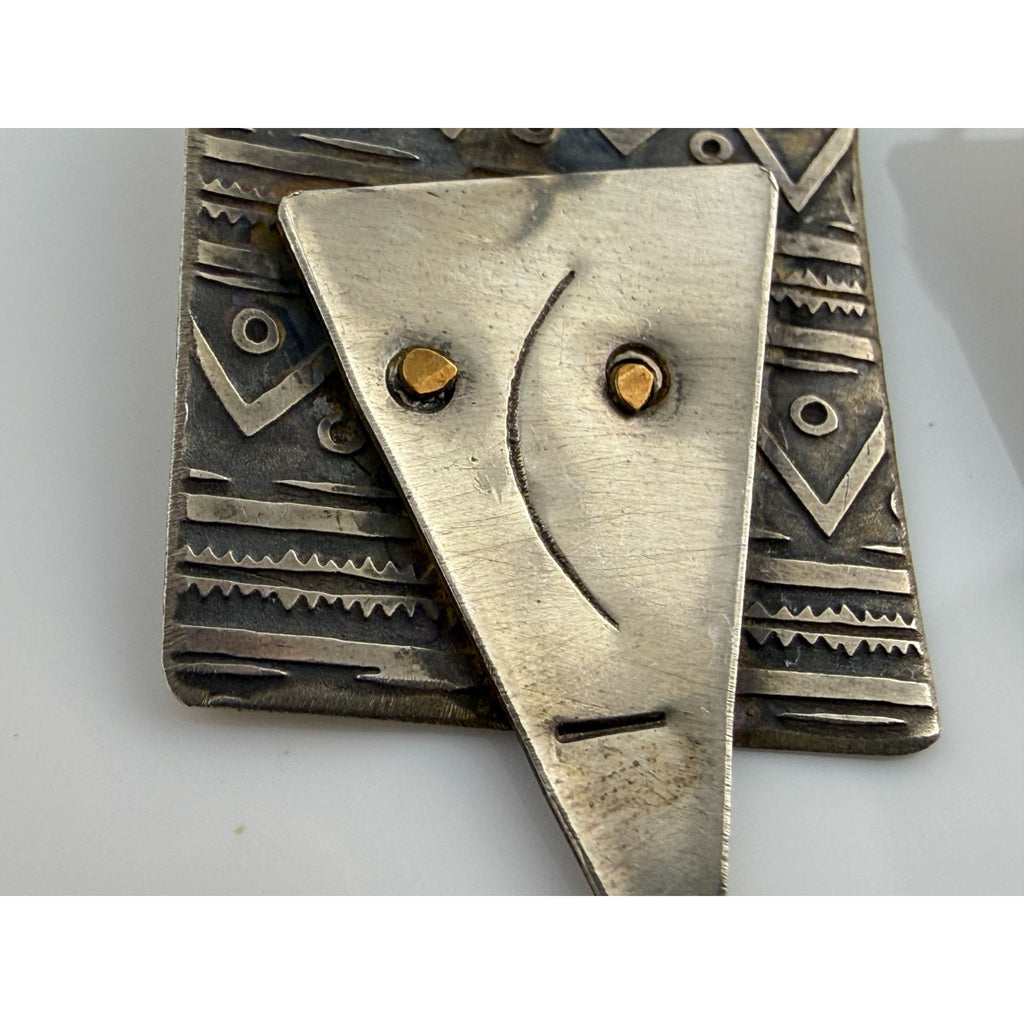 Vintage Handmade Abstract Sterling Silver and Brass Face Earrings 4.6g 1.25 Inch
