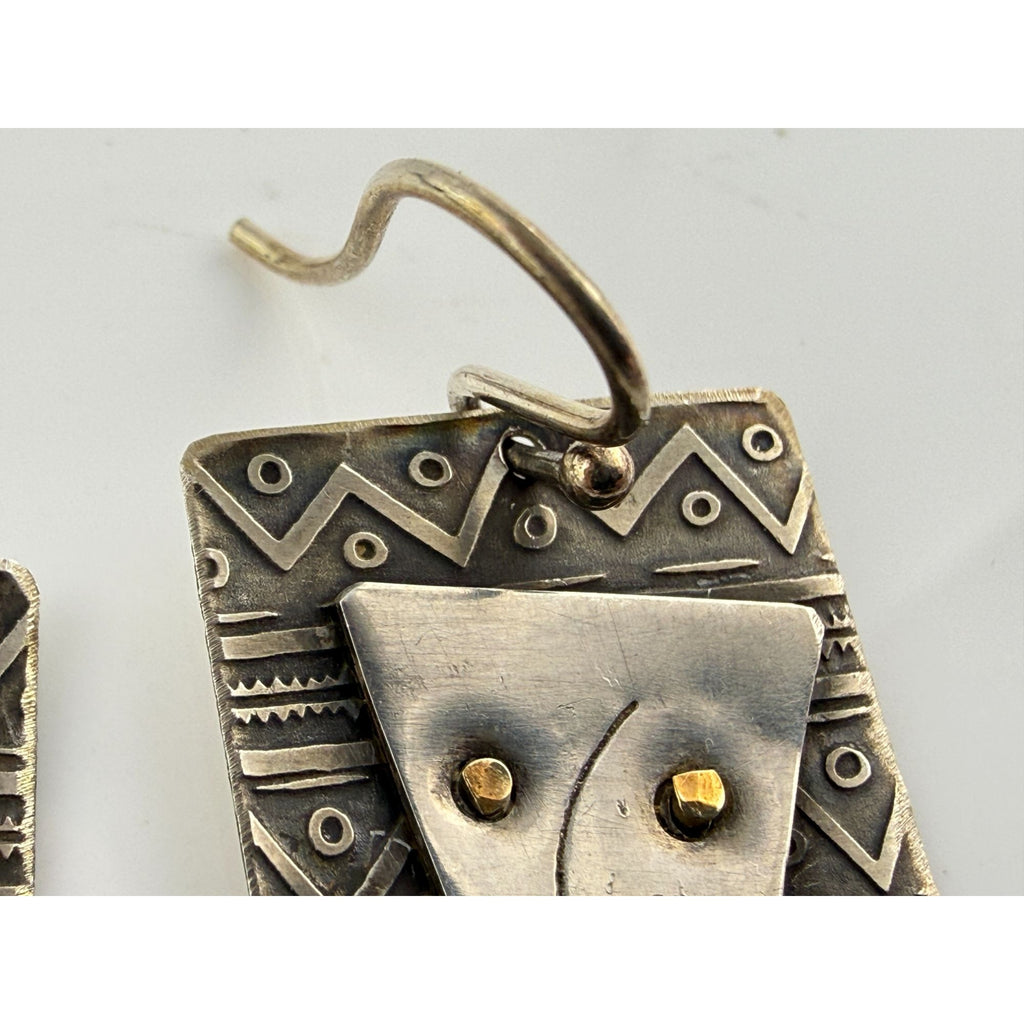 Vintage Handmade Abstract Sterling Silver and Brass Face Earrings 4.6g 1.25 Inch